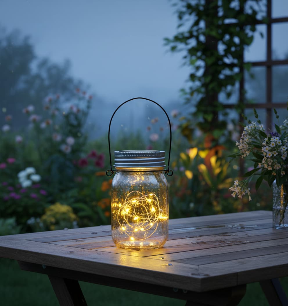 Alt View 3. FINEAK - 6 Pack 5.4” 30LED Solar Mason Jar Lights - Outdoor Waterproof Hanging Lanterns - Warm White.