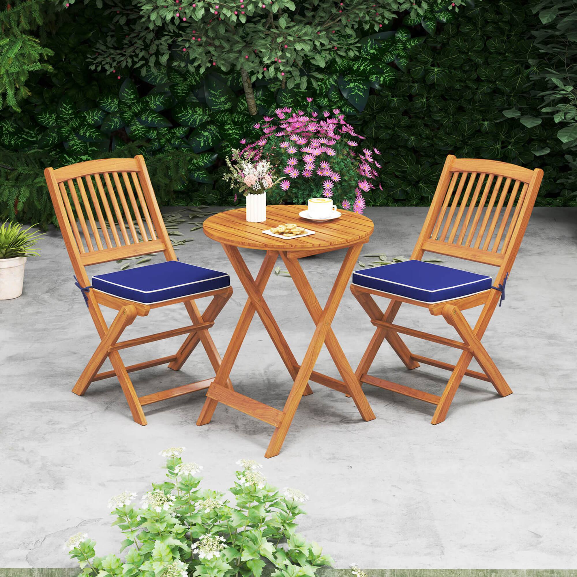 Alt View 5. Costway - 3 PCS Acacia Wood Patio Bistro Set Folding Table & Chairs Set with Cushions - Natural,Navy.
