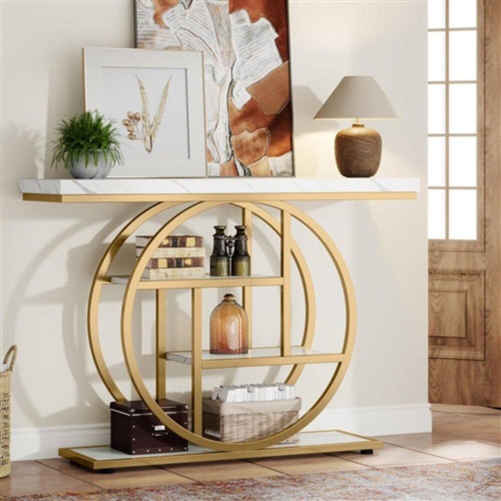 Angle. Hivvago - Modern Round Gold Metal Frame Foyer Console Table with White Faux Marble Shelves - Gold, White.