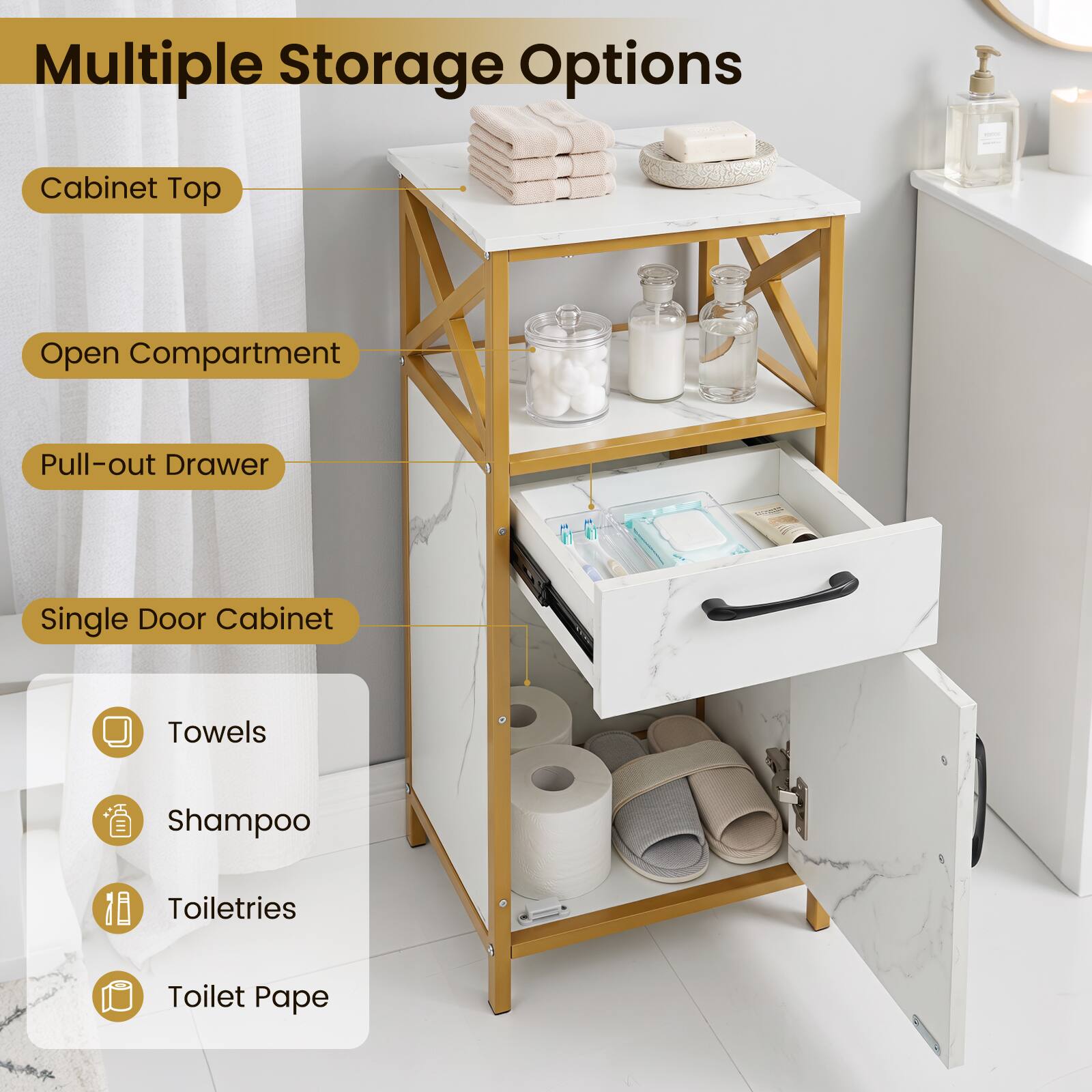 Multiple Storage Options

- Cabinet Top
- Open Compartment
- Pull-out Drawer
- Single Door Cabinet

- Towels
- Shampoo
- Toiletries
- Toilet Paper