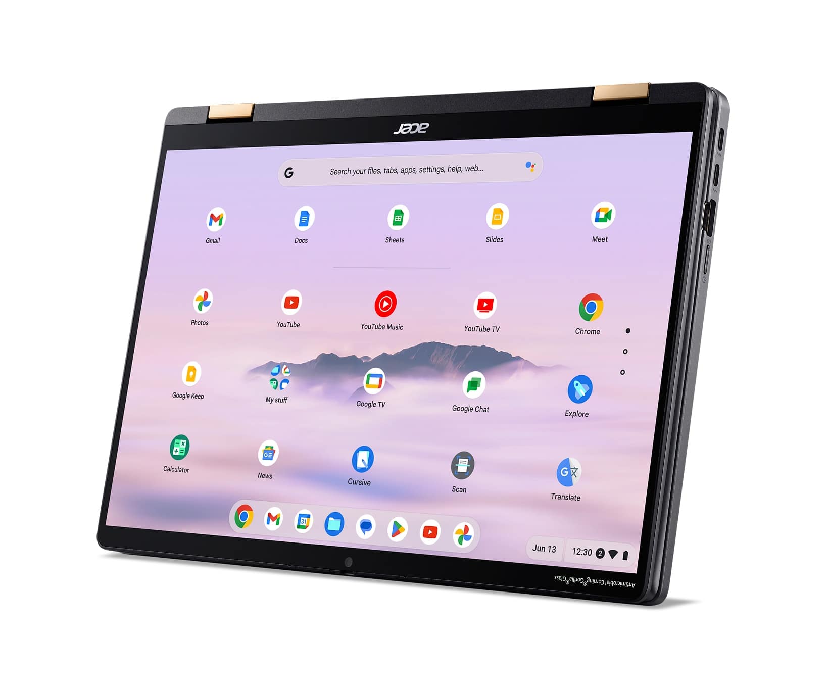 The text on the image reads: "acer G Search fles tabs apps, settings, help. web.. your M Gmail Does Sheets Slides Meet Photos YouTube YouTube Music YouTube TV Chrome Google Keep My stuff Google TV Google Chat Explore . De Calculator News Cursive Scan Translate M Jun 13 12:30 2 n".
The text is a combination of various elements, including a computer screen, a calculator, and a few other items. However, it does not provide a clear context or meaning. It is possible that the text is a result of a random combination of words, or it could be a part of a larger message or description. To understand the context or meaning of the text, more information or context would be required.