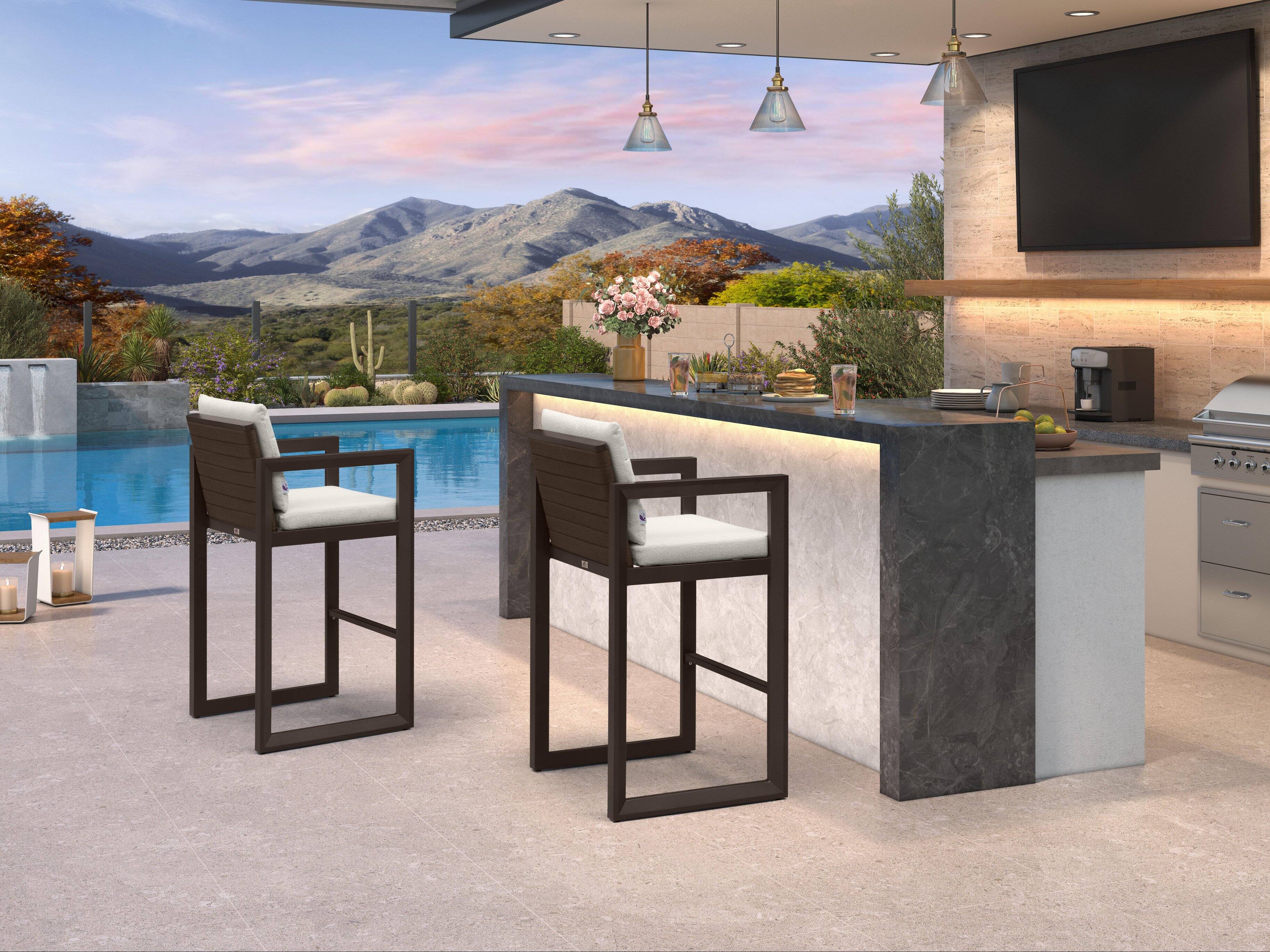 Alt View 1. PURPLE LEAF - Outdoor Caesar Bar Stools Set of 2 Modern Aluminum Barstools with Stainless Removable Cushion for Kitchen Outside Island - Bronze-Bar Stool.