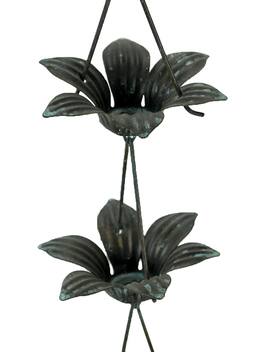 Zeckos - Verdigris Finish Metal Lily Flower Rain Chain w/Attached Hanger 48 Inch - Teal