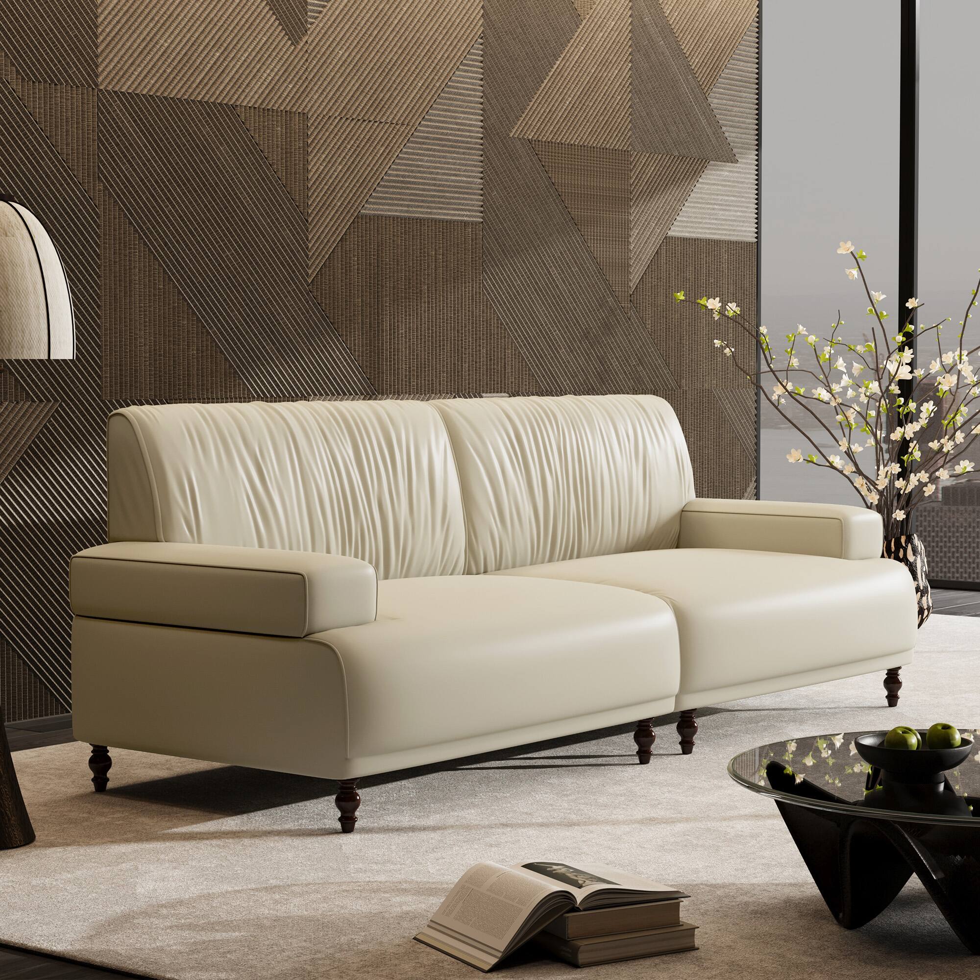 Back. luck idea - 86.4" Leather Sofa, Modern Living Room Sofa Combination - Off-white.