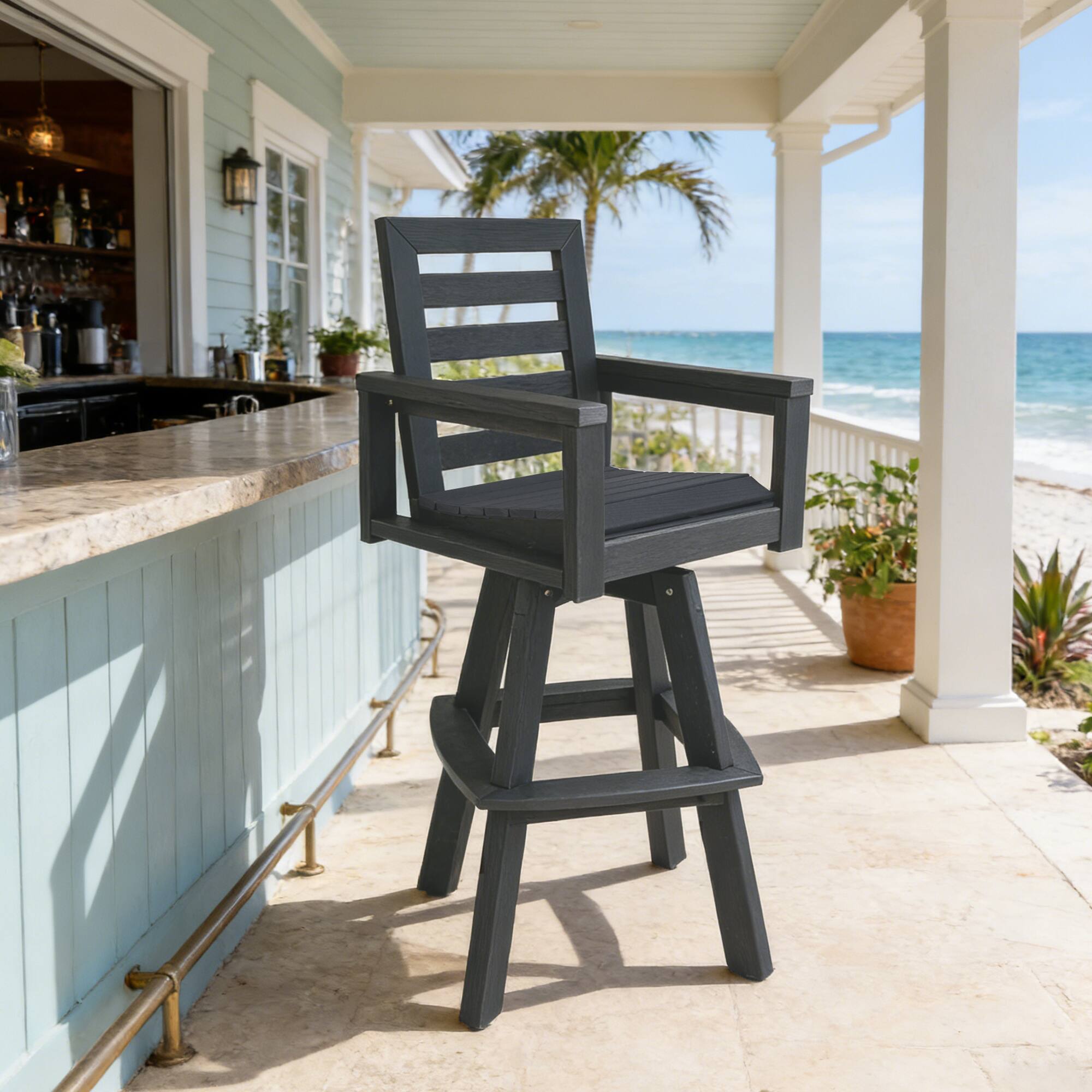 Angle. Mondawe - Outdoor 360° Swivel Bar Stool with Ladderback, HDPE Bar Chair - Grey.
