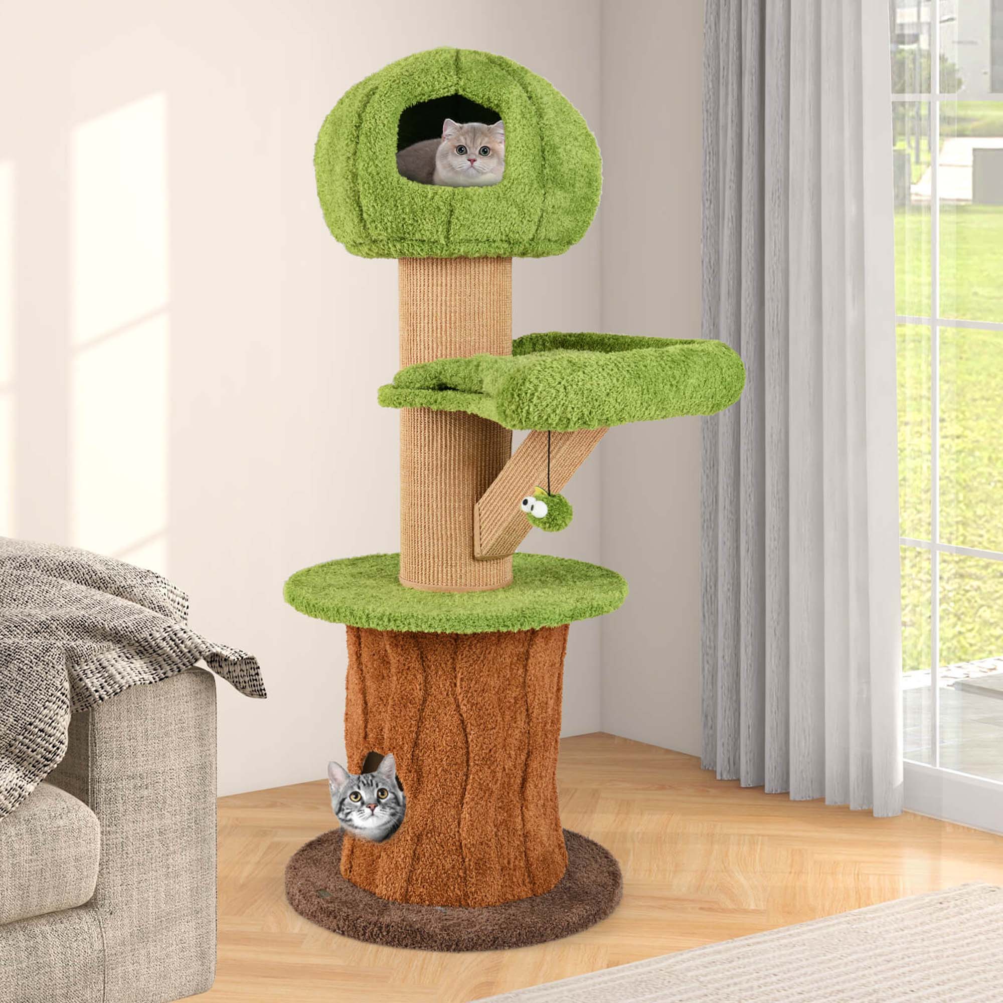 Alt View 3. Costway - Costway 48" Mushroom Cat Tree for Indoor Cats with 2 Cute Condos Plush Perch Teasing Balls - Brown.