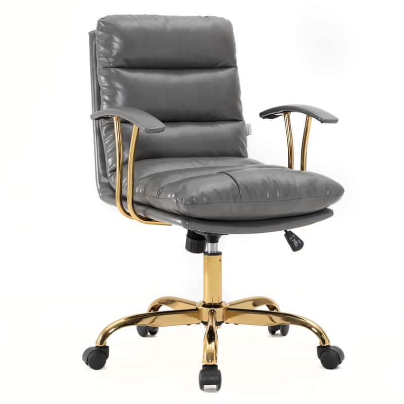 LeisureMod - Regina Executive Leather Office Chair with Gold Steel Base, Adjustable Height & 360° Swivel - Titanium Grey