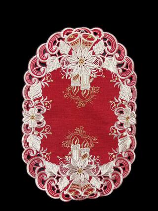 Front. Jiallo - Poinsettia Embroidered Cutwork Placemat, 12 by 17 inch Table Linen - Red.