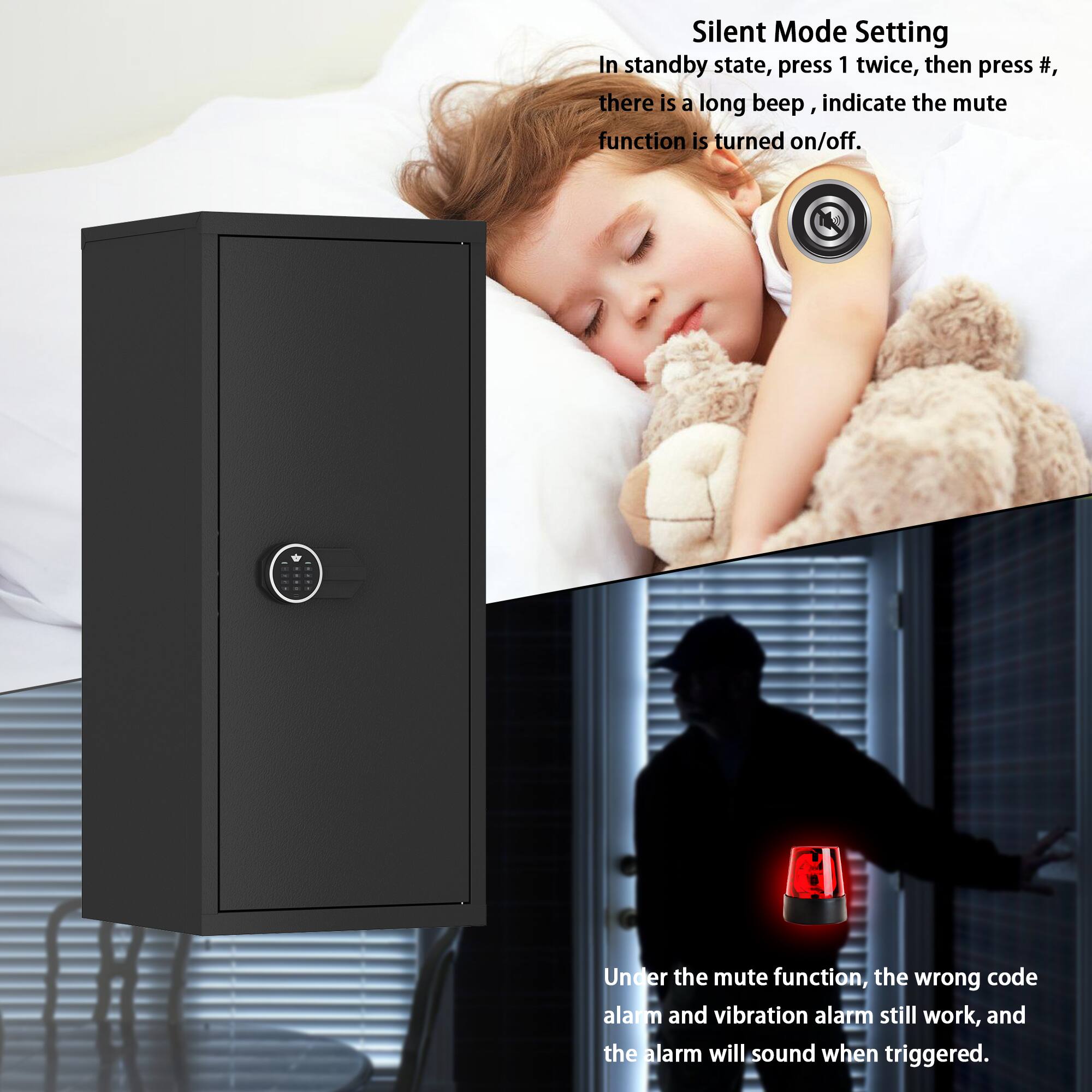 Silent Mode Setting  
In standby state, press 1 twice, then press #, there is a long beep, indicate the mute function is turned on/off.  

Under the mute function, the wrong code alarm and vibration alarm still work, and the alarm will sound when triggered.