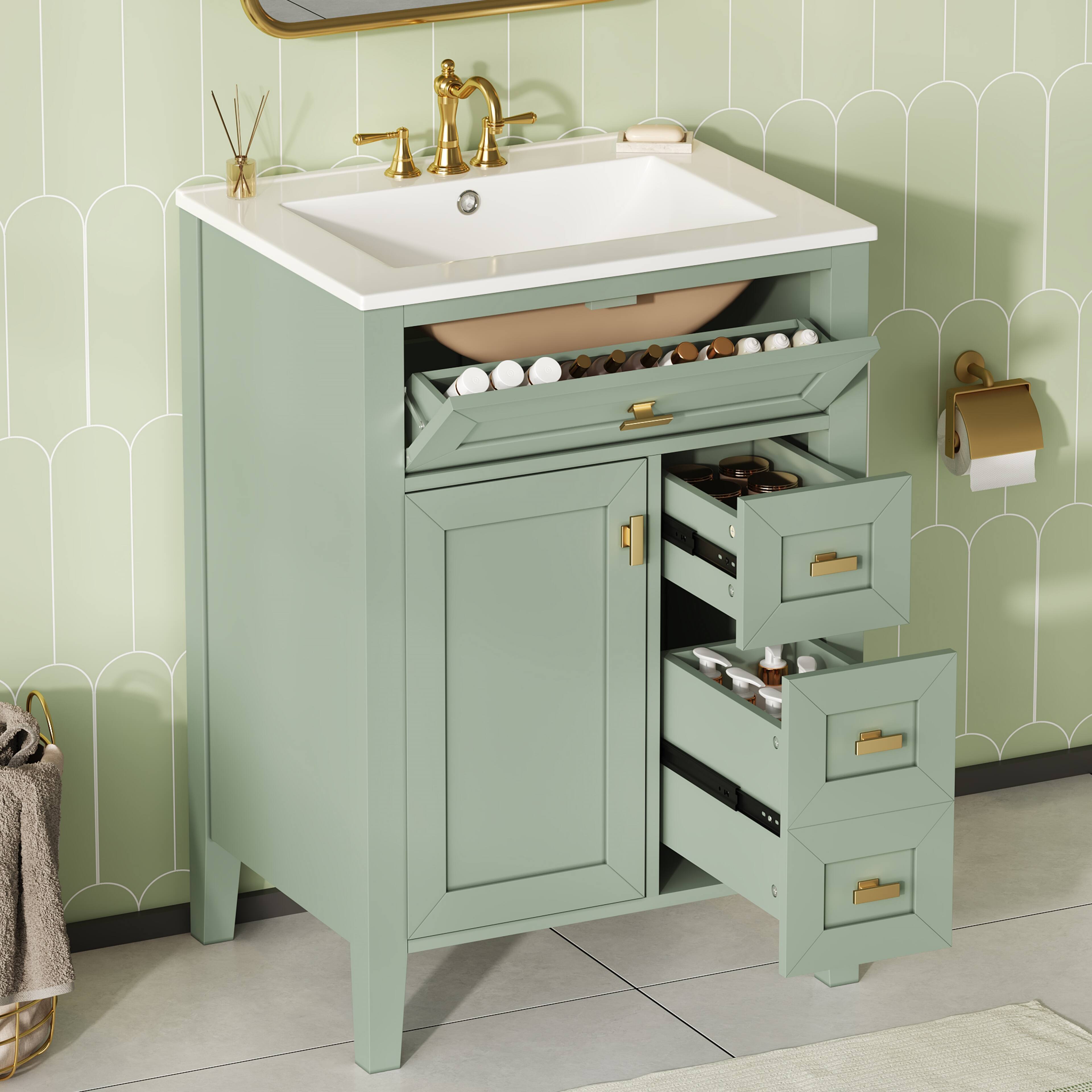 Angle. Whisen - 24-Inch Freestanding Bathroom Vanity with Ceramic Sink, 3 Drawers & 2 Door Storage Rack - Green.