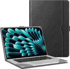 Front. Fintie - Sleeve Case for MacBook Air 15.3 Inch A3448 A3241 A3114 A2941 (2023-2026 Release) Premium PU Leather Folio Book Cover - Black.