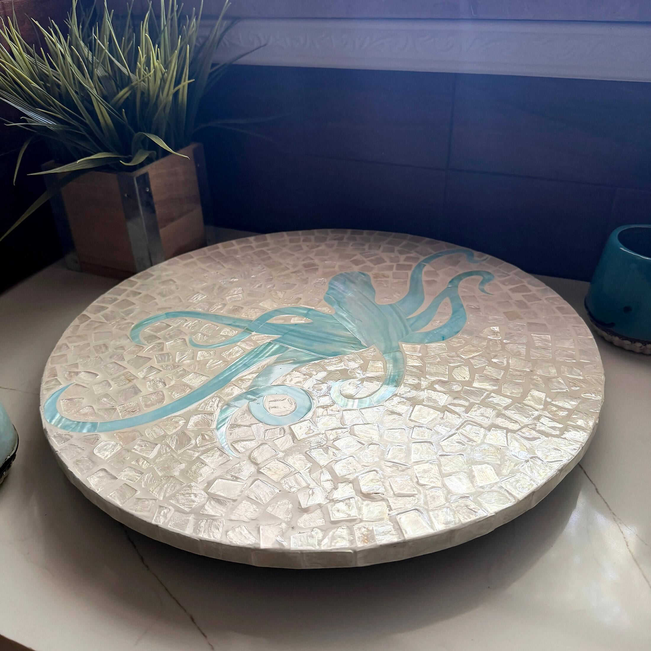 Alt View 4. Zeckos - Octopus Lazy Susan 16 in Capiz Shell Mosaic Rotating Tray Coastal Decor - Light Blue.