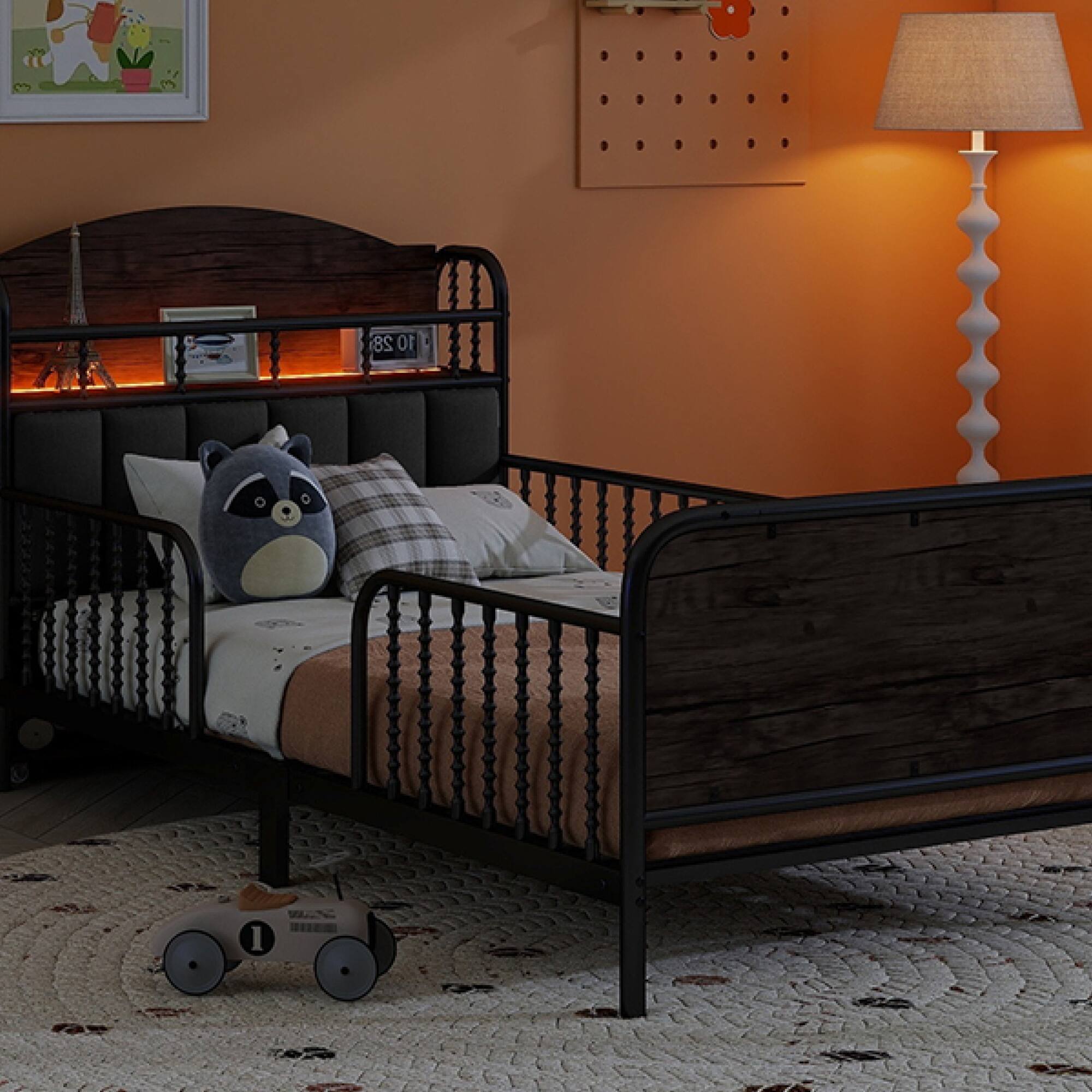 Alt View 4. GOODSILO - Twin Size Metal Platform Bed Frame with LED Lights and Pull-Out Storage Shelves for Kids - Black.