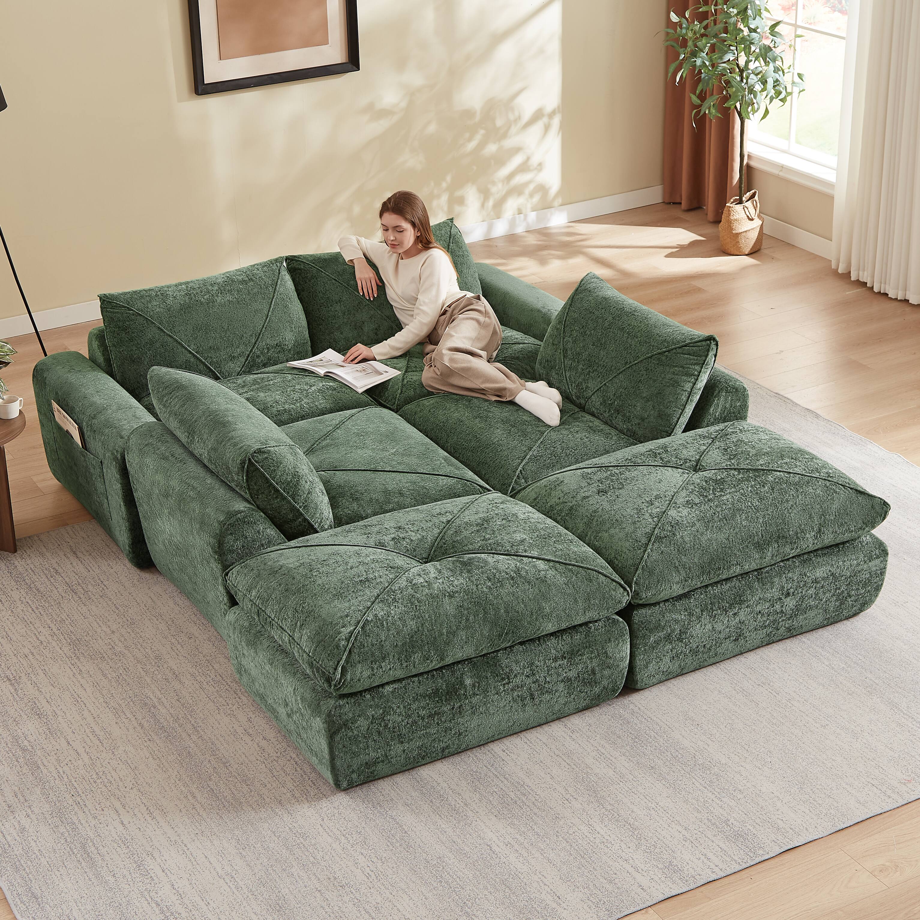 Alt View 2. Loheer - Loheer Large Living Room Sectional Chenille Sofa with Footrest 152 Inch Modern Modular Couch for Family - Green.