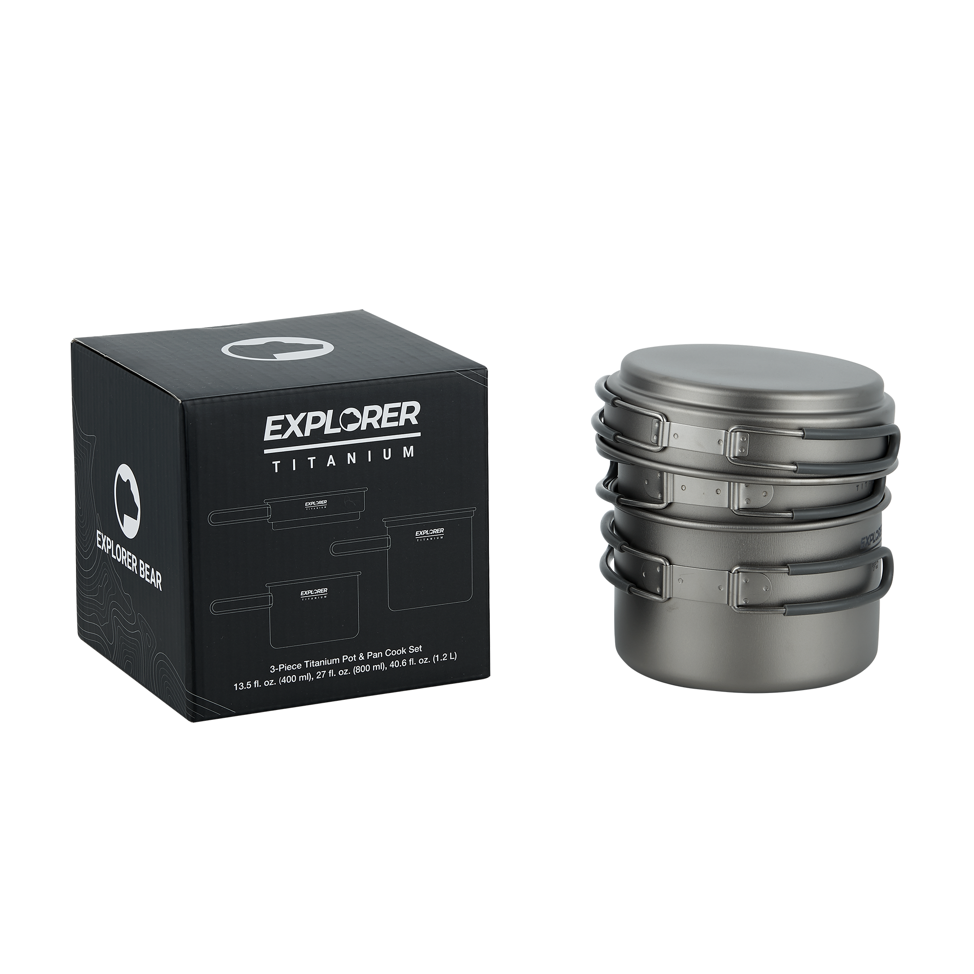 EXPLORER TITANIUM - EXPLORER BEAR  
3-Piece Titanium Pot & Pan Cook Set  
13.5 fl. oz. (400 ml), 27 fl. oz. (800 ml), 40.6 fl. oz. (1.2 L)