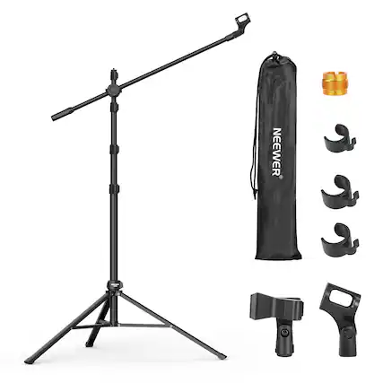 Front. Neewer - Heavy Duty Mic Floor Stand with Boom Arm, 2 Mic Clamps, Bag, MS046 - Black.