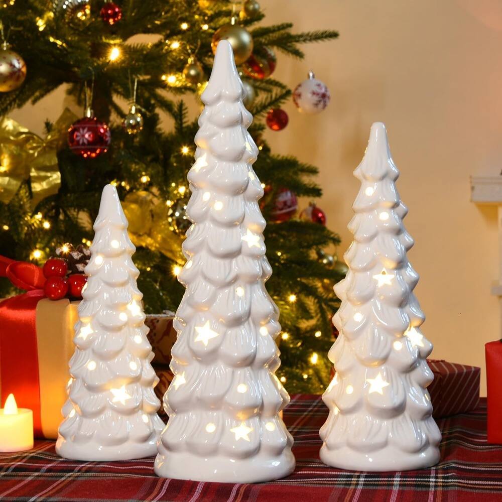 Back. RTMB - “Set of 3 White Ceramic Christmas Trees with Star & Dot Cutouts” - White.