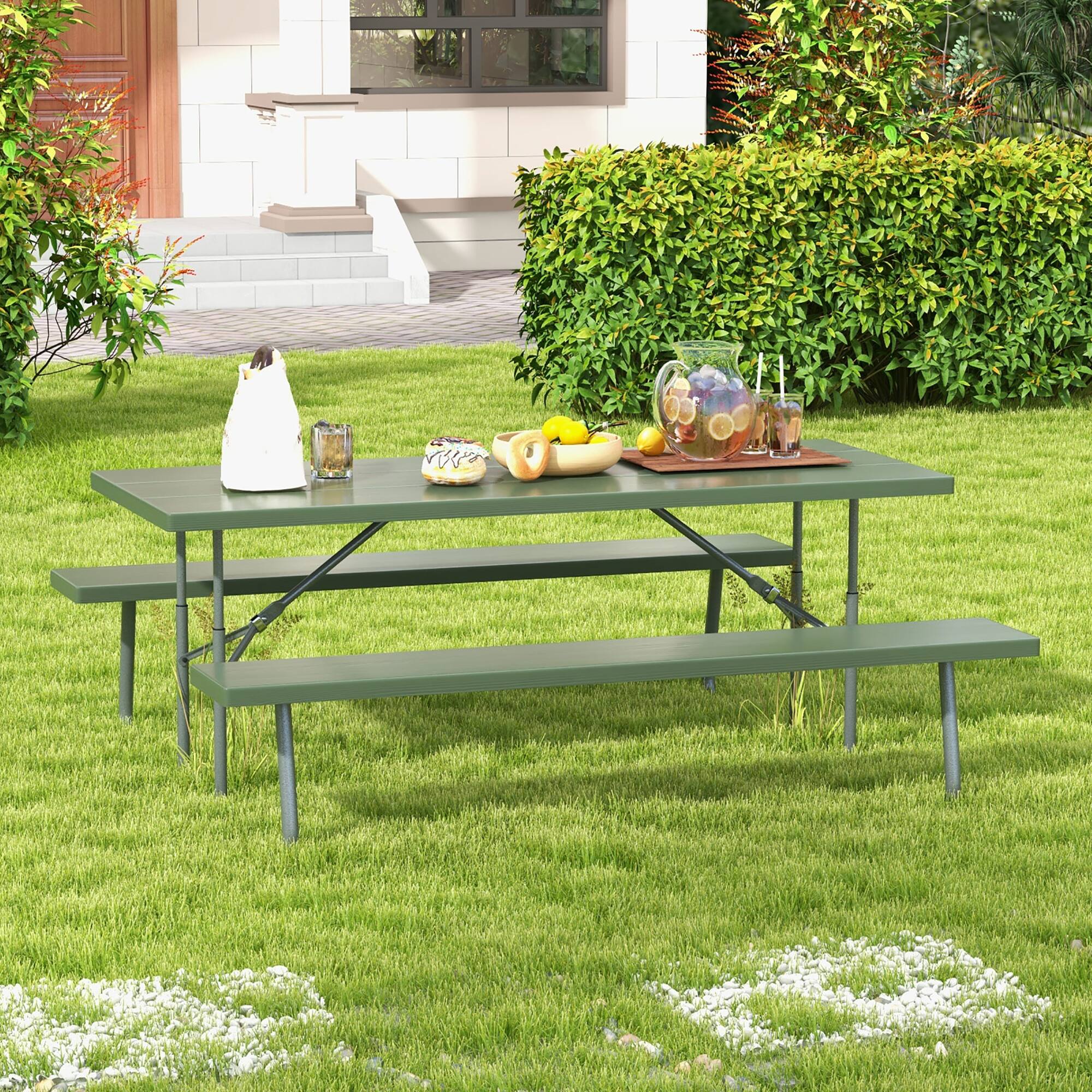 Alt View 1. Gymax - Gymax Folding Picnic Table w/ 2 Benches 6 FT Camping Table Set w/ All-Weather HDPE Tabletop Green - Green.