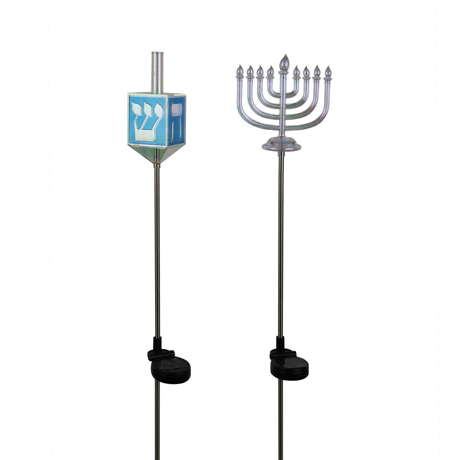 Left. Alpine - Alpine Iridescent Menorah/Dreidel Stake 33 in. Pathway Decor (Case of 20) - Blue|White.