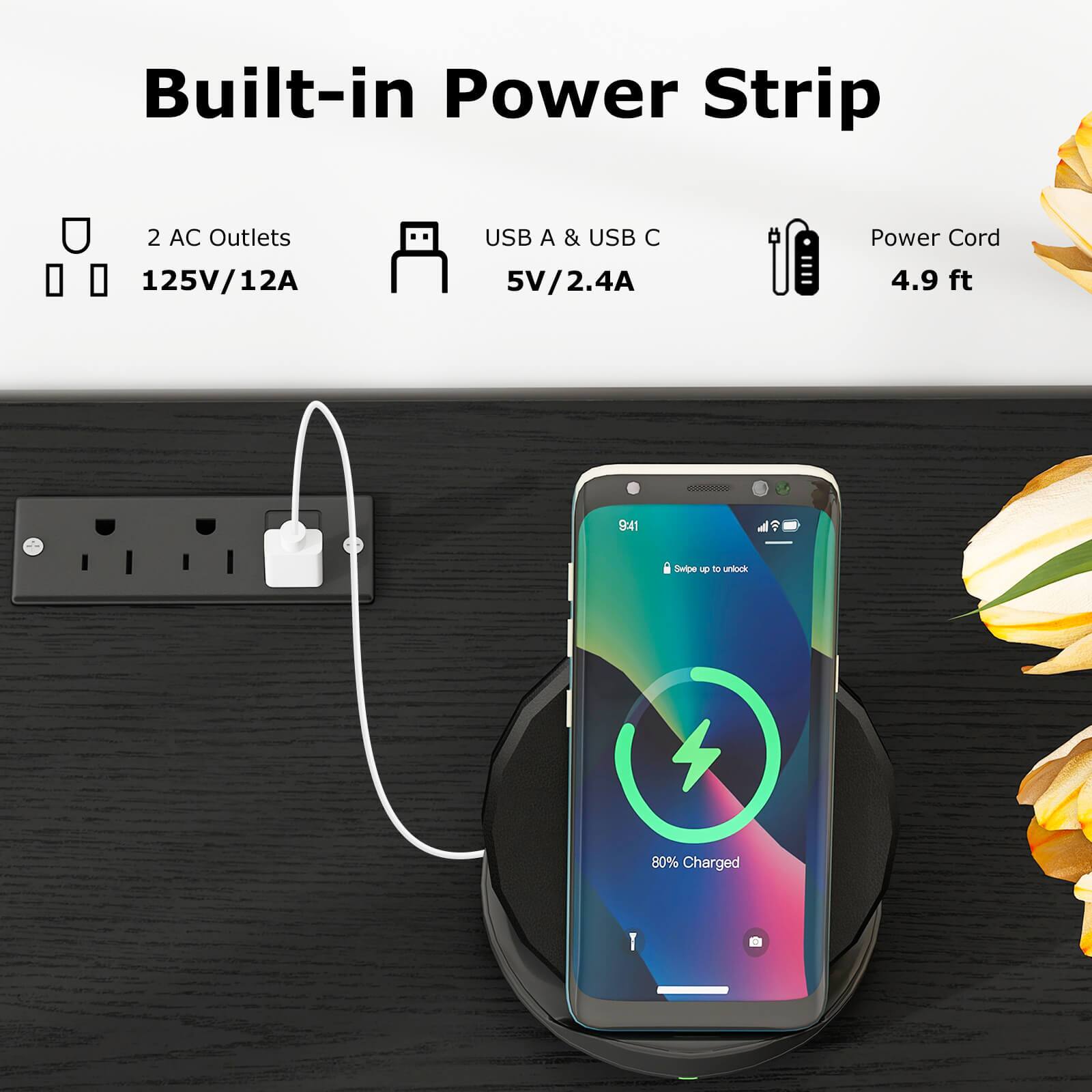 Built-in Power Strip  
2 AC Outlets  
125V/12A  
USB A & USB C  
5V/2.4A  
Power Cord  
4.9 ft  

9:41  
Swipe up to unlock  
80% Charged