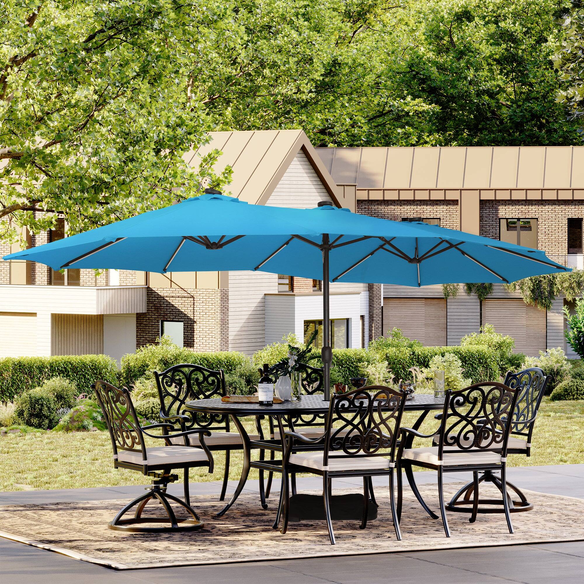 Alt View 1. Boyel Living - Lake Blue 15 FT Double-Head Patio Umbrella with Base with Solar Lights.