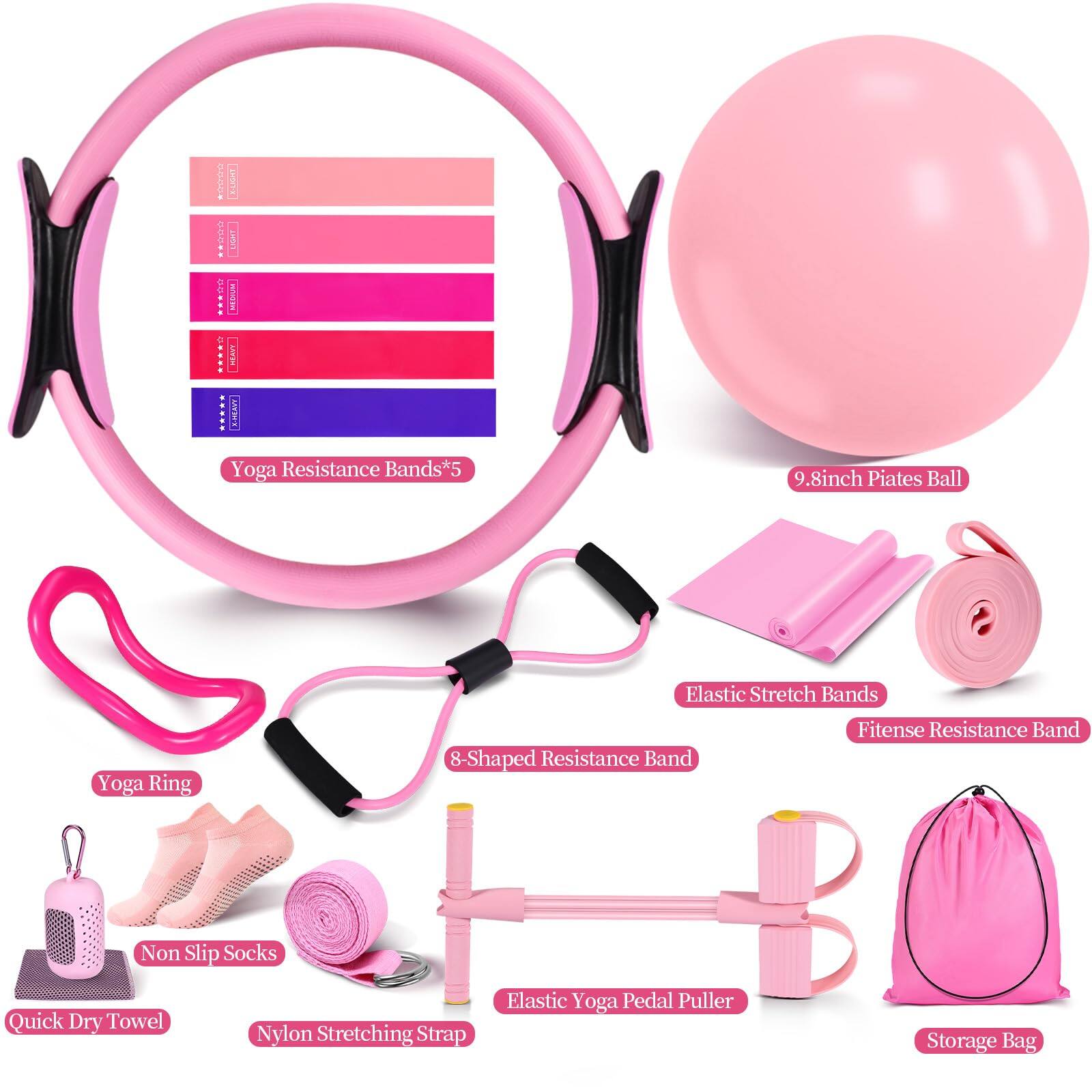 - Yoga Resistance Bands*5
- 9.8inch Piates Ball
- Yoga Ring
- 8-Shaped Resistance Band
- Elastic Stretch Bands
- Fitense Resistance Band
- Non Slip Socks
- Quick Dry Towel
- Nylon Stretching Strap
- Elastic Yoga Pedal Puller
- Storage Bag
