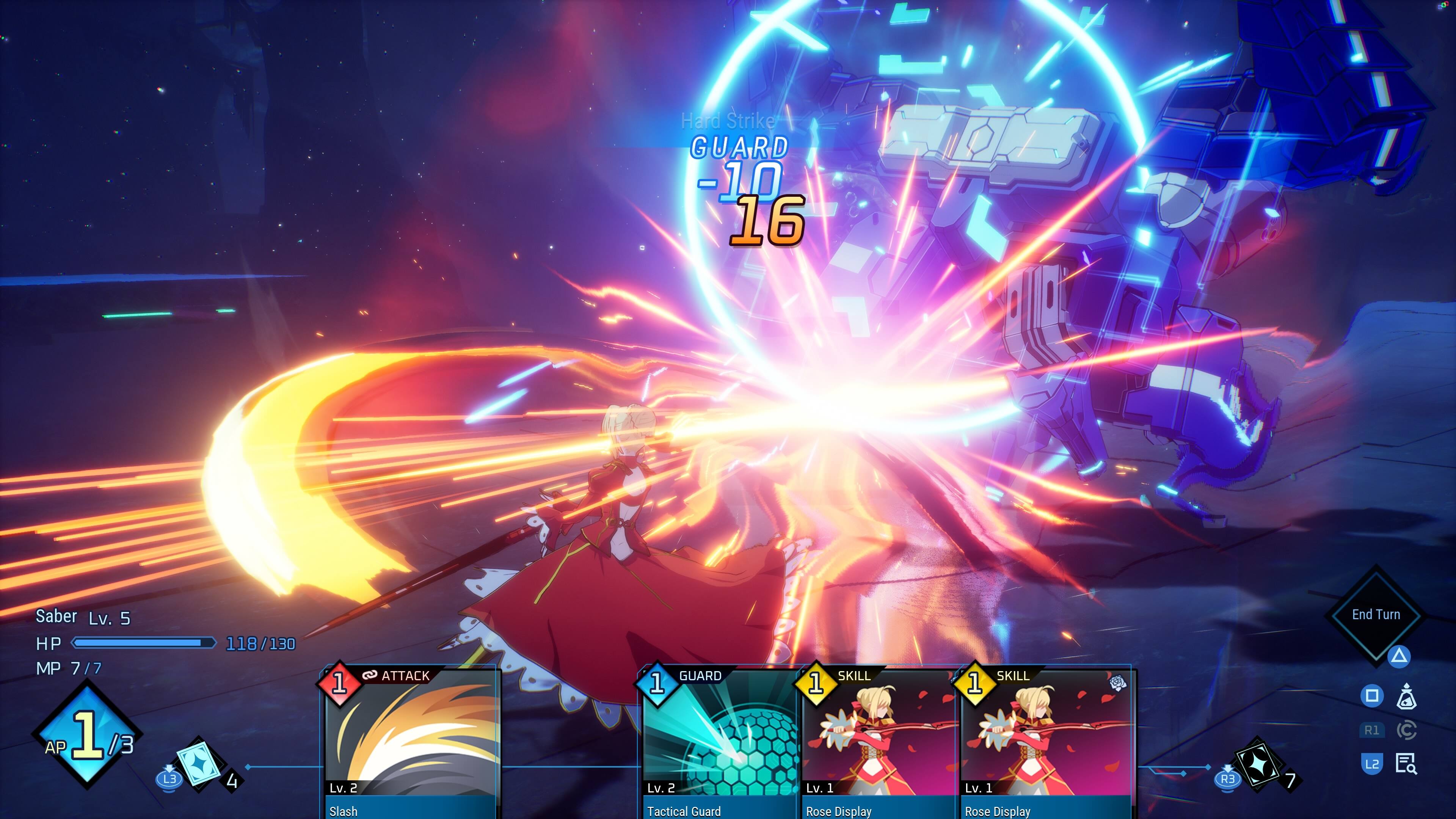 Hard Strike GUARD -10 16

Saber Lv. 5
HP 118/130
MP 7/7
AP 1/3

1 Lv. 2 ATTACK
1 Lv. 2 GUARD
1 Lv. 1 SKILL
1 Lv. 1 SKILL

End Turn

Slash
Tactical Guard
Rose Display
Rose Display