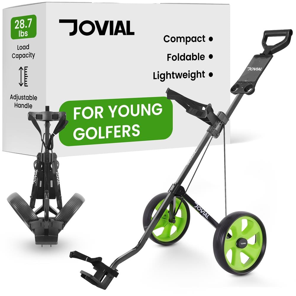 Pyle – JOVIAL Foldable 2-Wheel Junior Golf Pull Cart – Lightweight Steel Frame, Scorecard Holder, Adjustable Padded Handle – Mint Green