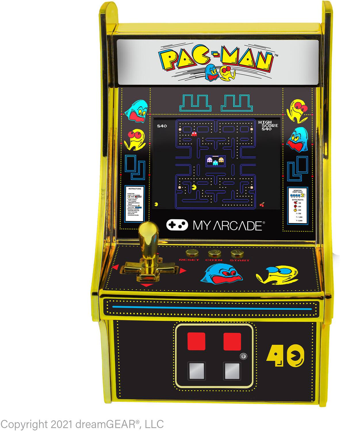 TM PAC-MAN  
540 HIGH SCORE 40  
MY ARCADE  
DESET CUIN SIDDE 1 OTE 1 40  
Copyright 2021 dreamGEAR, LLC