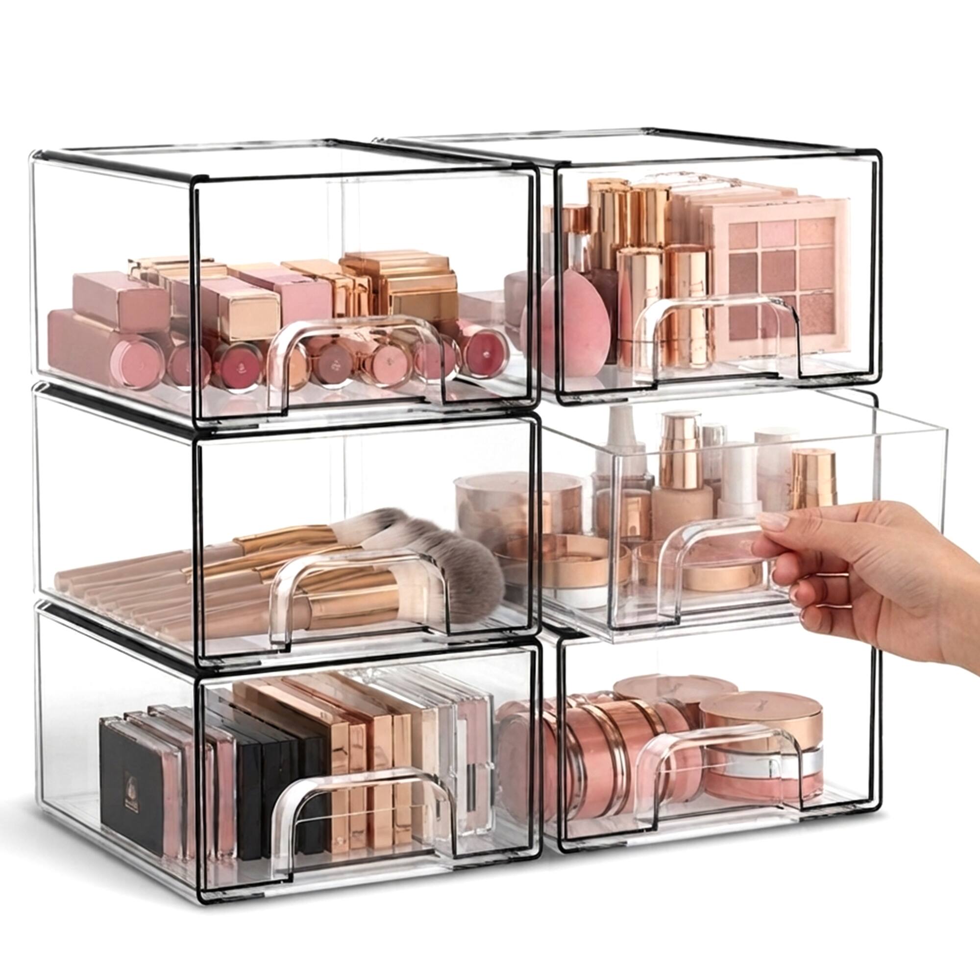 Front. Cheer Collection - Stackable Pull-Out Storage Drawers with Built-In Handles and Anti-Slip Pads, 6-Piece Set - Clear.