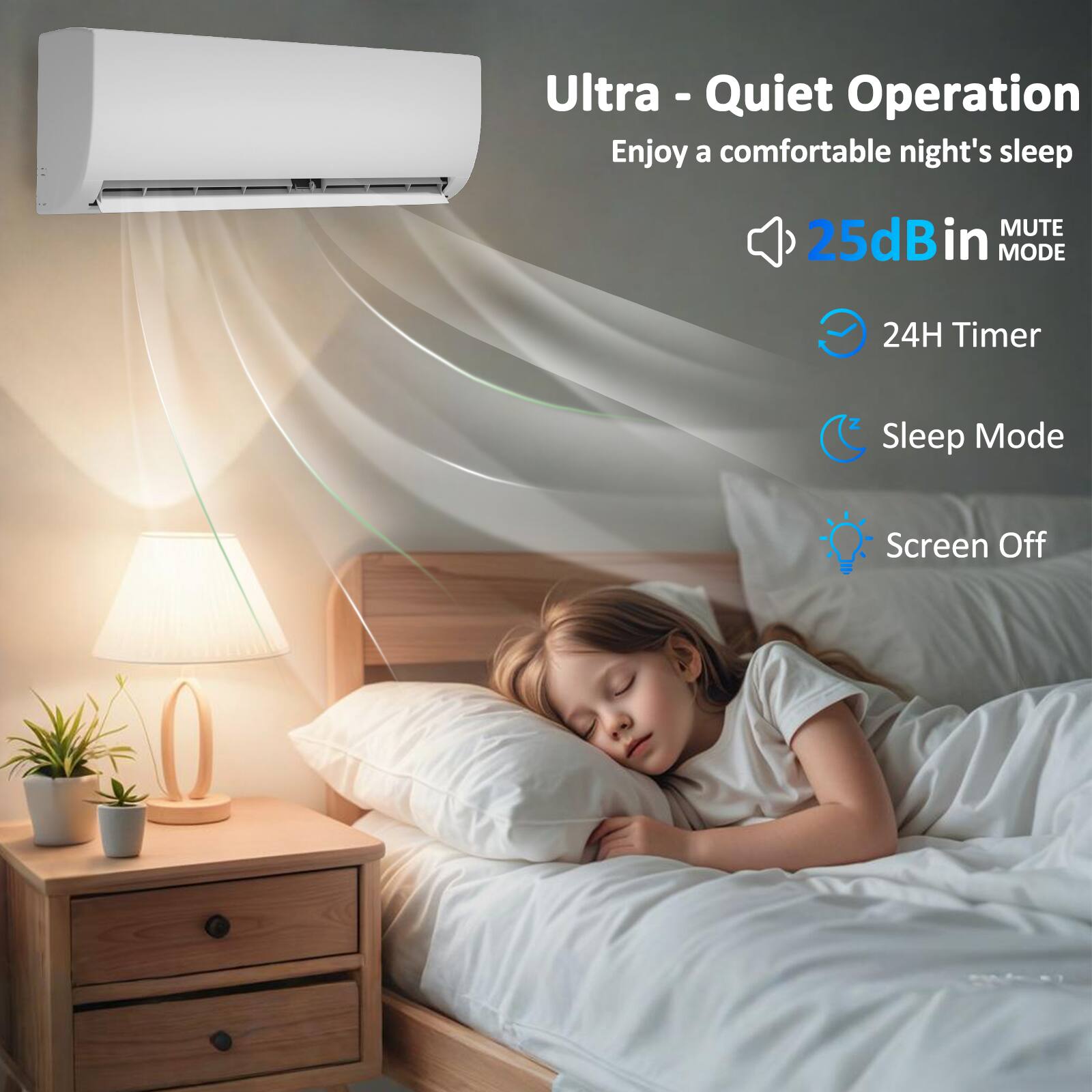 Ultra - Quiet Operation  
Enjoy a comfortable night's sleep

- 25dB in MUTE MODE
- 24H Timer
- Sleep Mode
- Screen Off