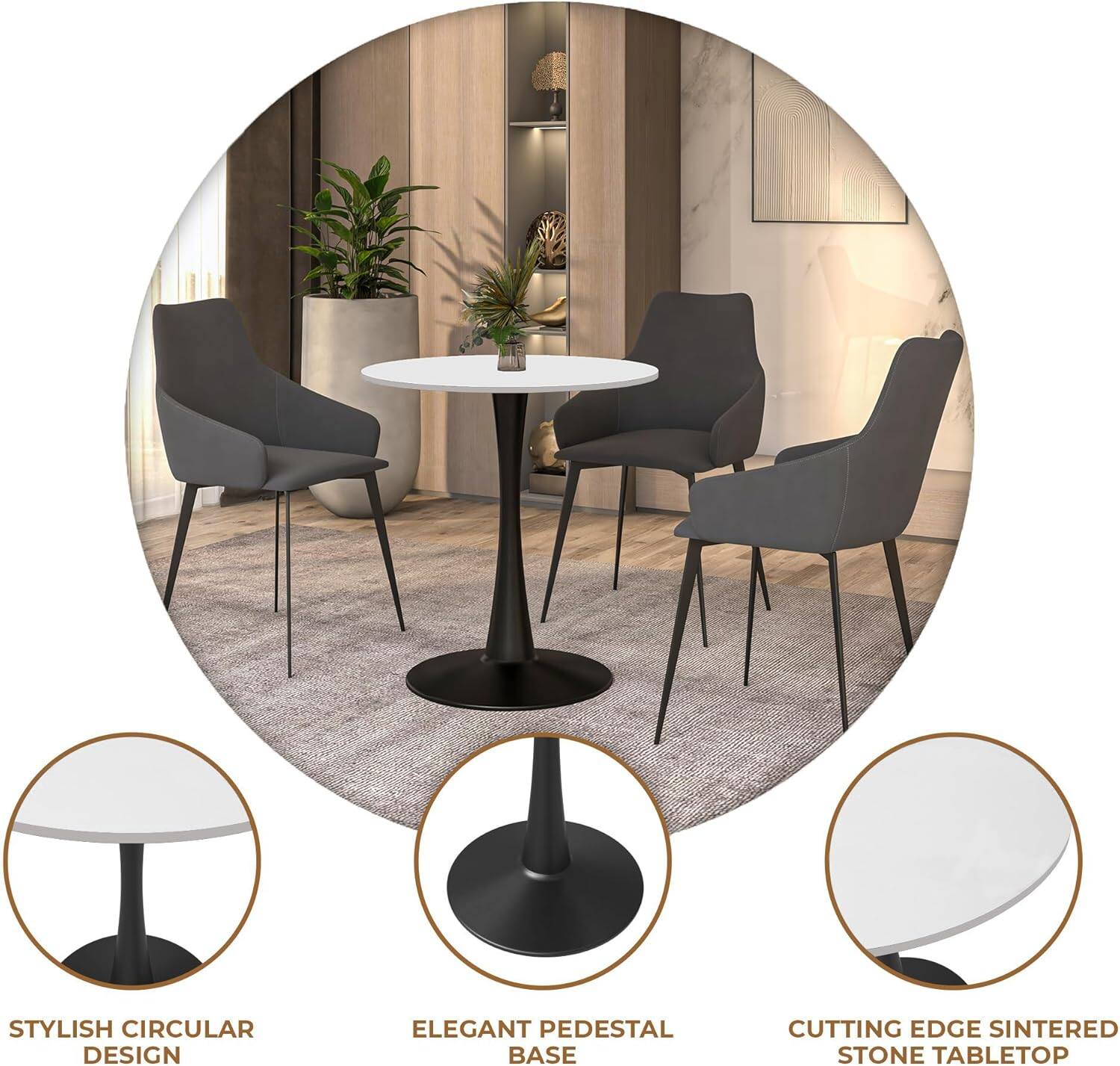 STYLISH CIRCULAR DESIGN  
ELEGANT PEDESTAL BASE  
CUTTING EDGE SINTERED STONE TABLETOP