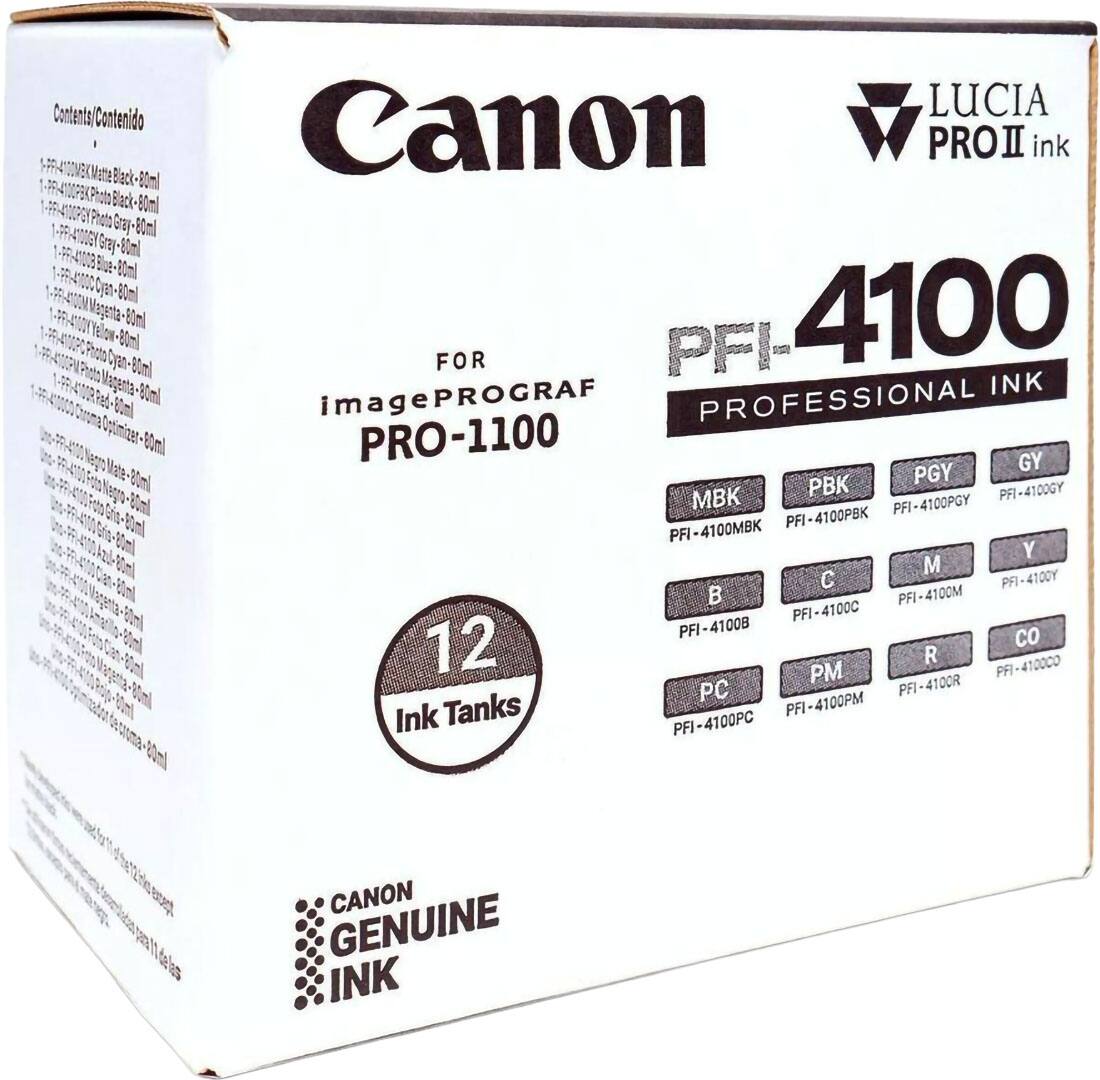 Contents/Contenido  
Black 80ml  
Photo Black 80ml  
Photo Gray 80ml  
Gray 80ml  
Blue 80ml  
Cyan 80ml  
Magenta 80ml  
Yellow 80ml  
Optimizer 80ml  
Mate 80ml  
Gris 80ml  
Croma 80ml  

LUCIA Canon PRO II ink  
FOR imagePROGRAF PRO-1100  
PFI-4100MBK PFI-4100PBK PFI-4100PGY PFI-4100GY PFI-4100B PFI-4100C PFI-4100M PFI-4100Y PFI-4100CO PFI-4100R PFI-4100PM PFI-4100PC  

12 Ink Tanks  

CANON GENUINE INK