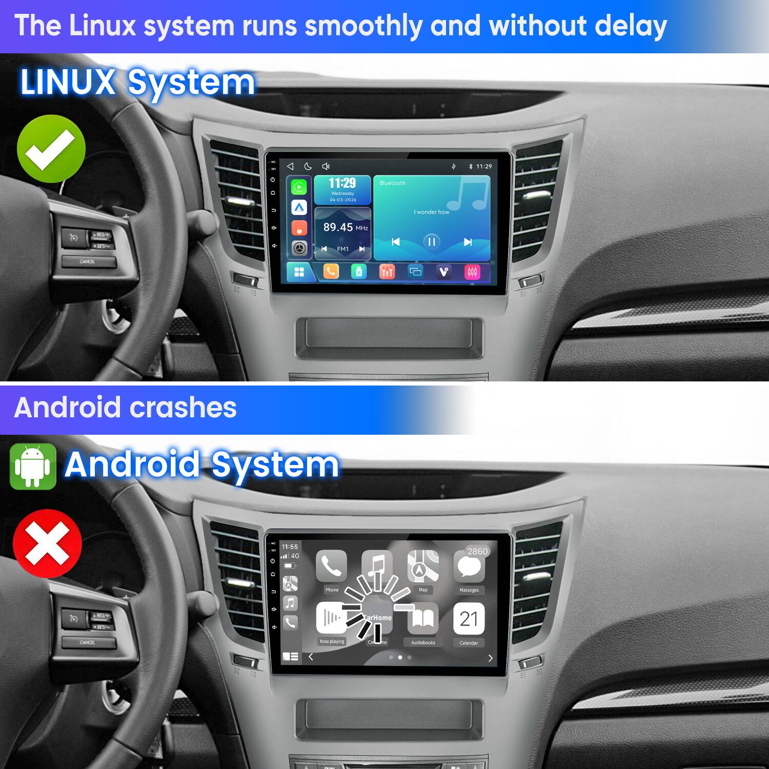 The Linux system runs smoothly and without delay  
LINUX System

Android crashes  
Android System