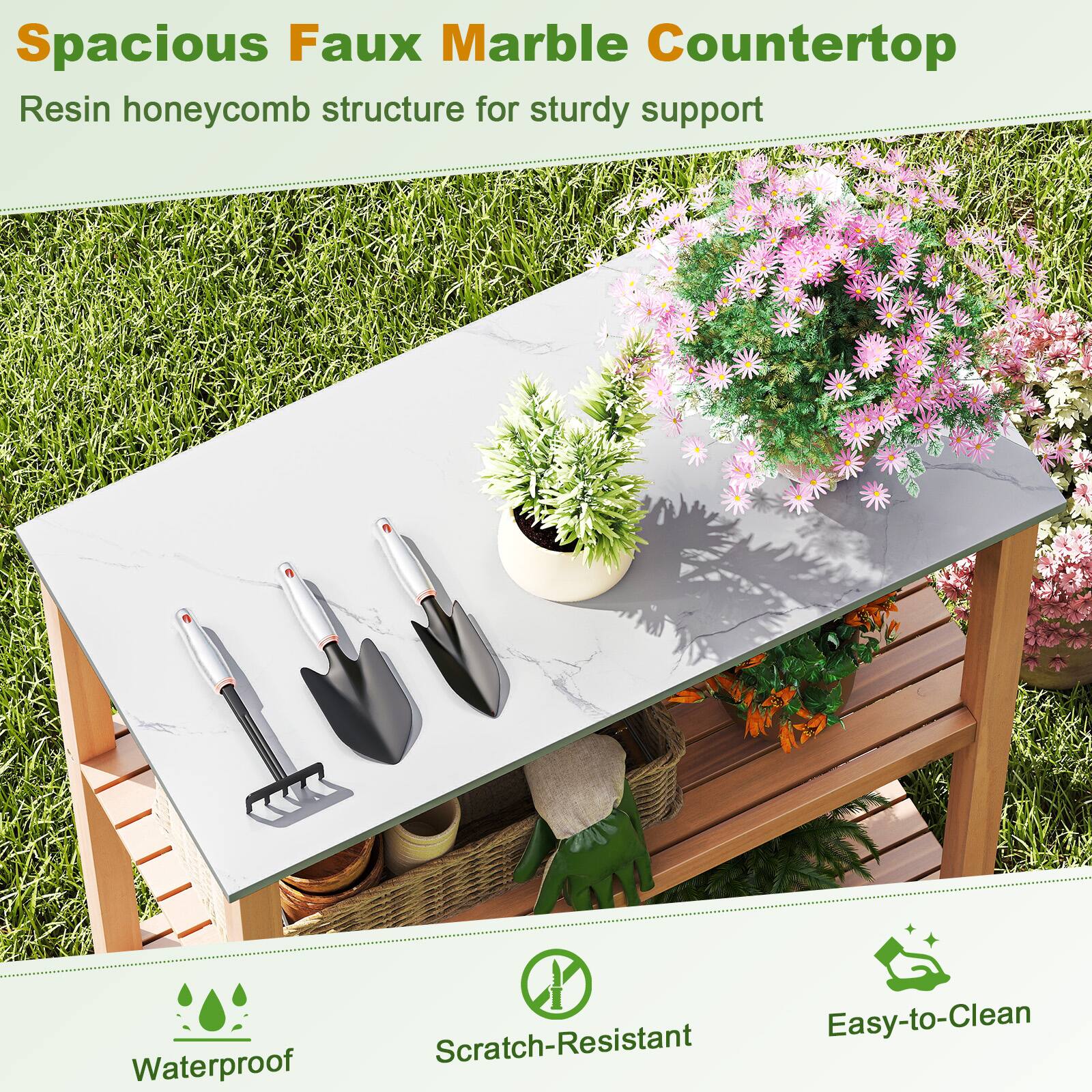 Spacious Faux Marble Countertop  
Resin honeycomb structure for sturdy support  

Waterproof  
Scratch-Resistant  
Easy-to-Clean