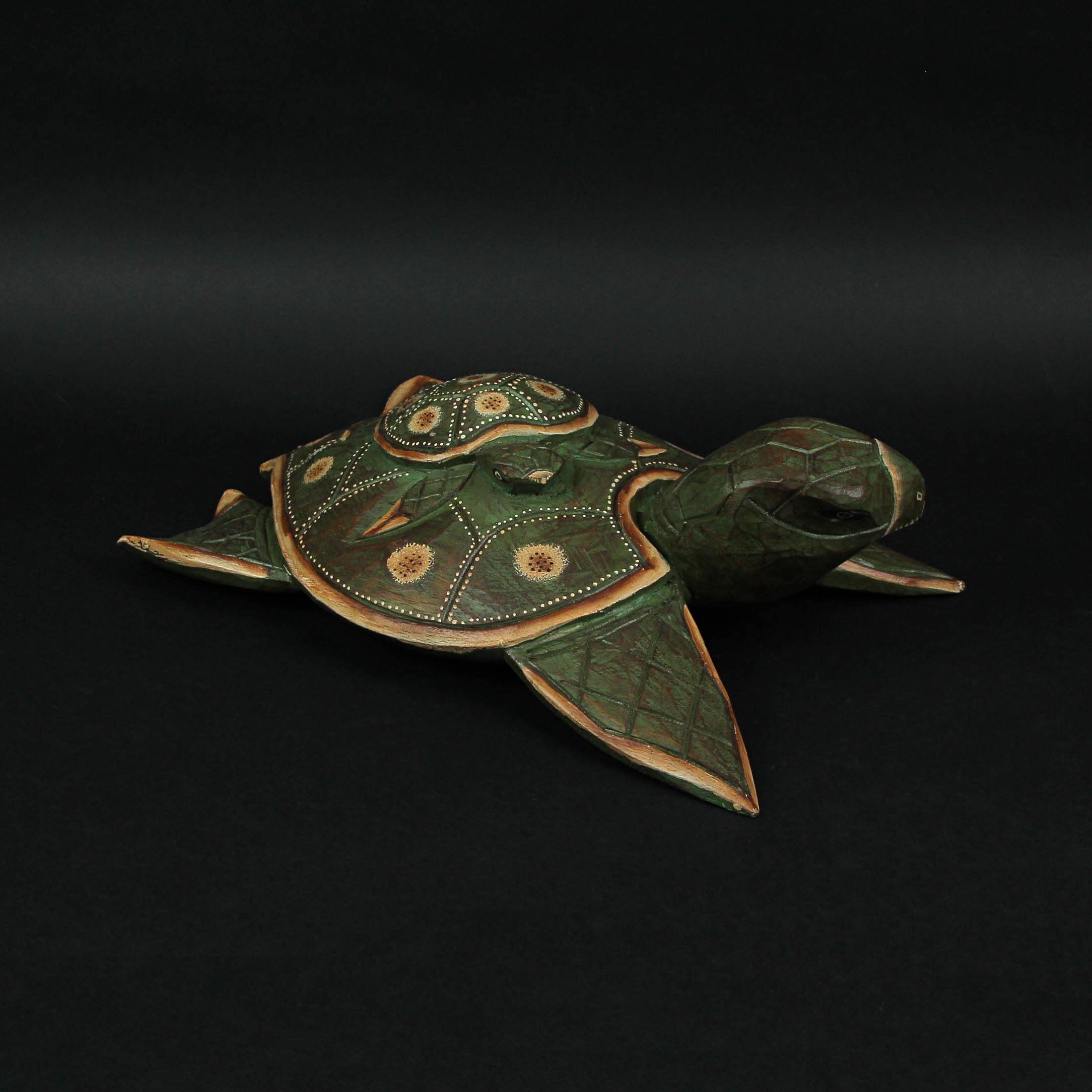 Alt View 4. Things2Die4 - Green Finish Mother And Baby Turtle Hand Carved Wood Sculpture Home Decor Statue 15.5 Inches Long - Green.