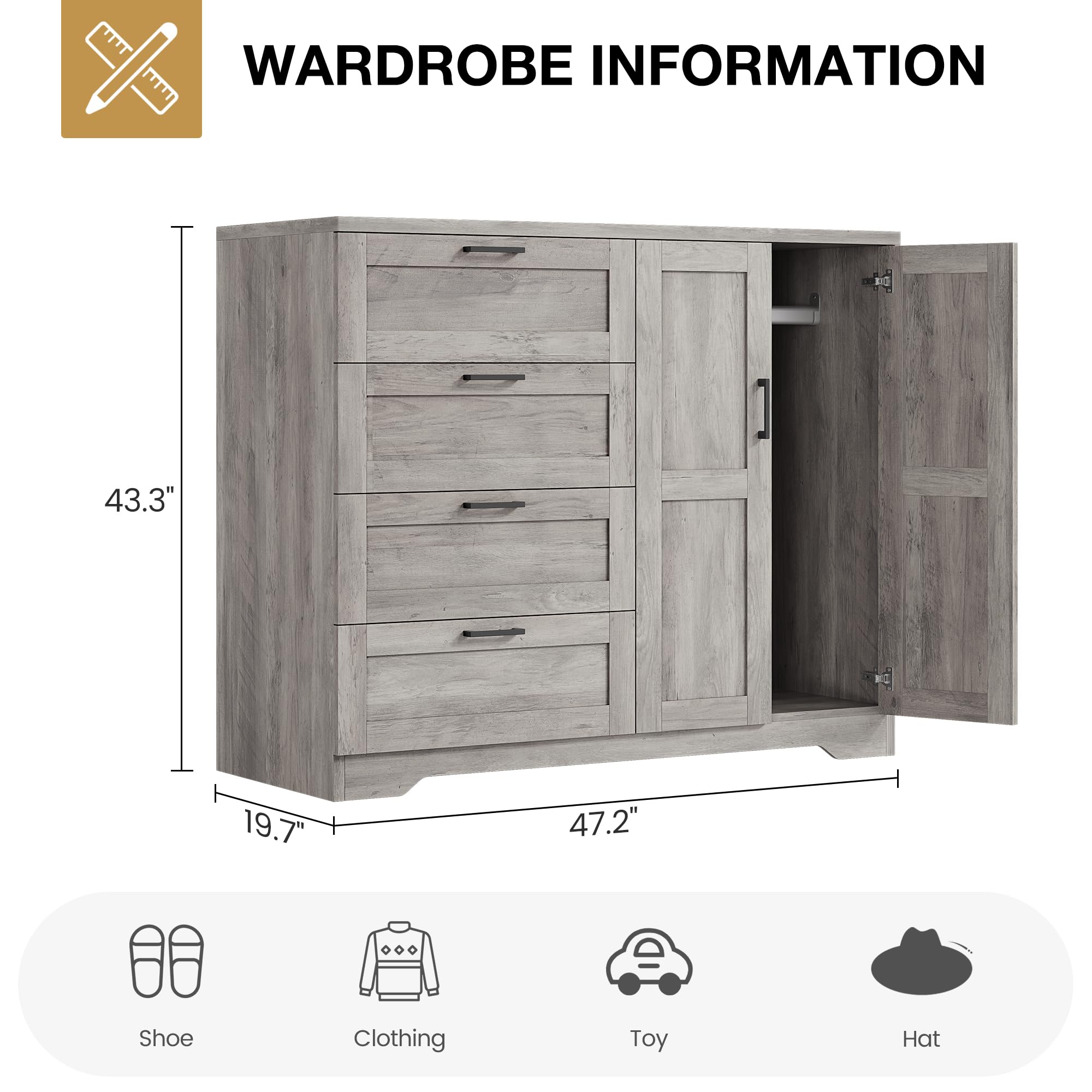 WARDROBE INFORMATION

43.3" x 19.7" x 47.2"

- Shoe
- Clothing
- Toy
- Hat