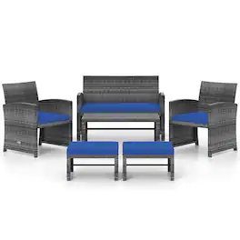 Gymax - Set Of 6 Patio Furniture Outdoor Sectional Conversation PE Rattan Sofa Set Blue - Mix Brown, Blue