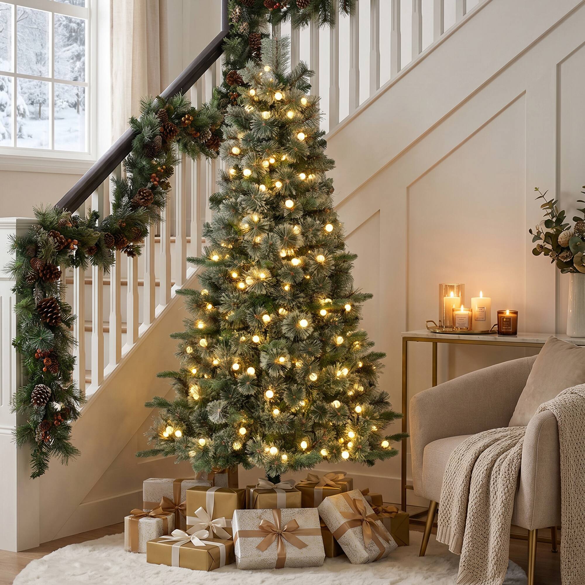 Left. Glitzhome - 6ft Pre-Lit Cashmere Slim Pine Artificial Christmas Tree with 250 Globe Lights - Green.