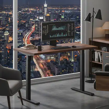 Front. ModernMate - 47" Electric Standing Desk, Height Adjustable Stand Up Desk with Multiple Functions - Black Walnut.