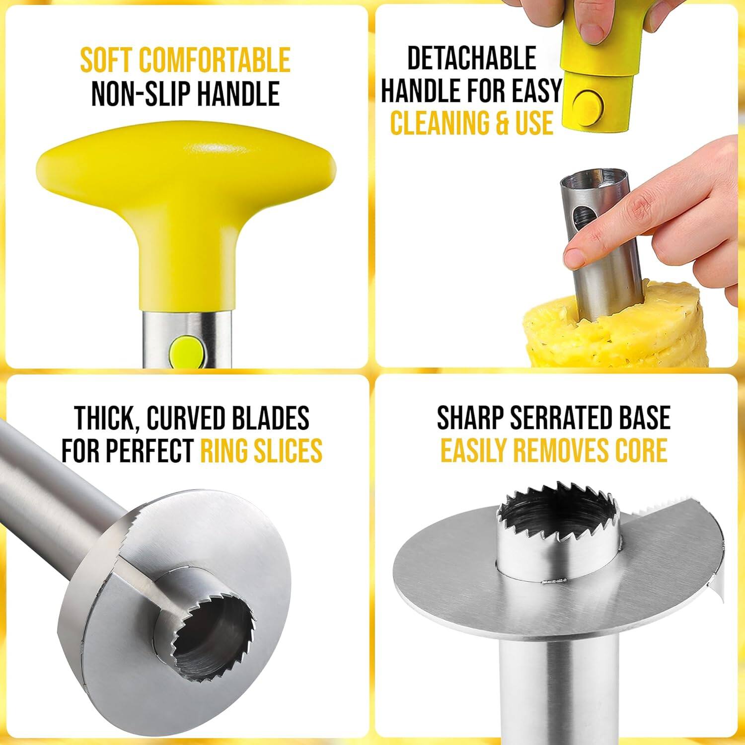 - Soft Comfortable Non-Slip Handle
- Detachable Handle for Easy Cleaning & Use
- Thick, Curved Blades for Perfect Ring Slices
- Sharp Serrated Base Easily Removes Core