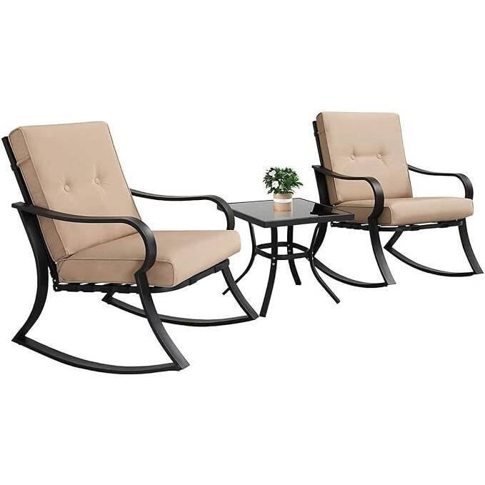 Hivvago - 3-Piece Outdoor Patio Furniture Table Rocking Chairs Set with Cushions - Beige