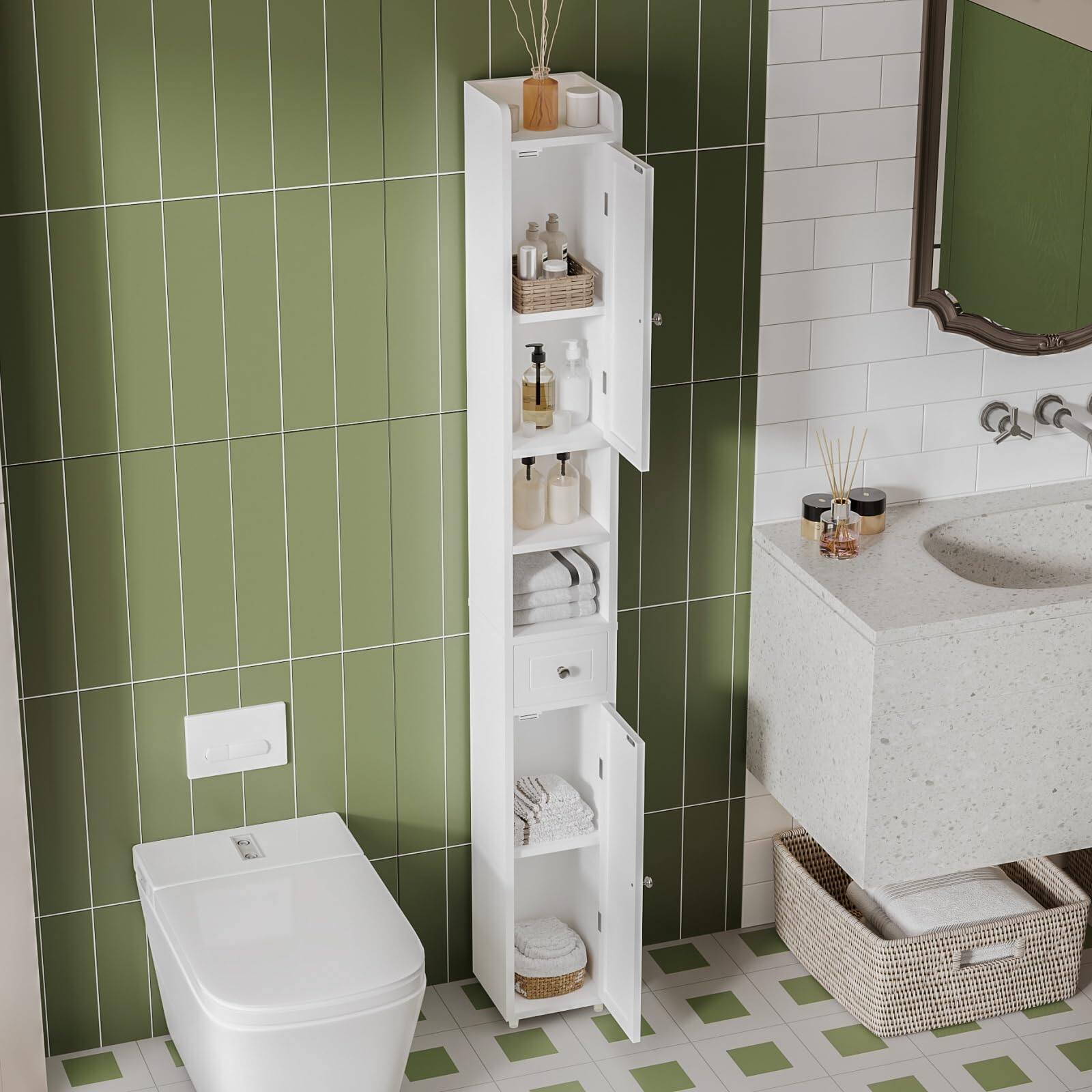 Alt View 1. Hirose Alice - Narrow Storage Cabinet With Shelves Tall 2 Doors And 1 Drawer Cupboard For Small Spaces designed newly - White.