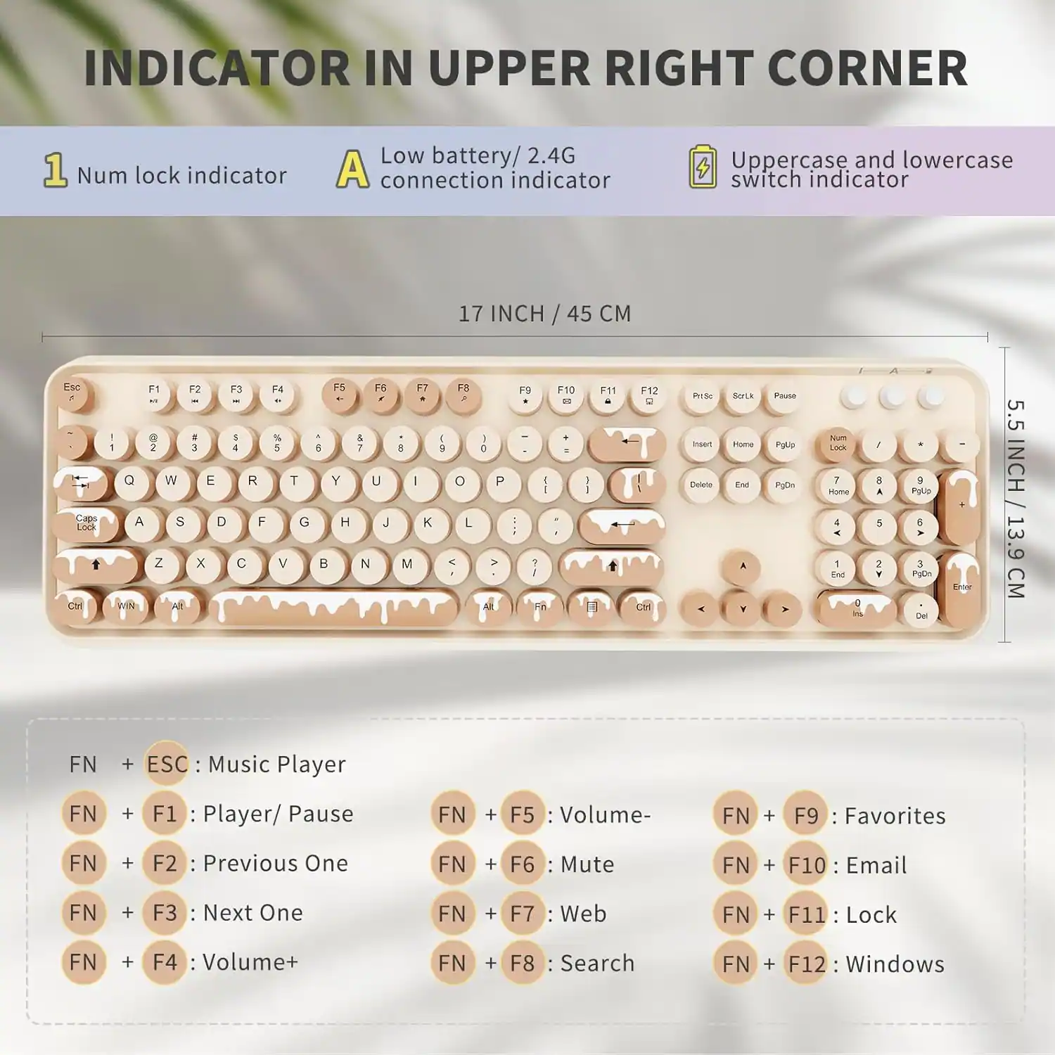 **INDICATOR IN UPPER RIGHT CORNER**

1. Num lock indicator  
2. Low battery/2.4G connection indicator  
3. Uppercase and lowercase switch indicator  

**17 INCH / 45 CM**  
**5.5 INCH / 13.9 CM**

**KEYBOARD FUNCTIONS:**

- FN + ESC: Music Player  
- FN + F1: Player/ Pause  
- FN + F2: Previous One  
- FN + F3: Next One  
- FN + F4: Volume+  
- FN + F5: Volume-  
- FN + F6: Mute  
- FN + F7: Web  
- FN + F8: Search  
- FN + F9: Favorites  
- FN + F10: Email  
- FN + F11: Lock  
- FN + F12: Windows
