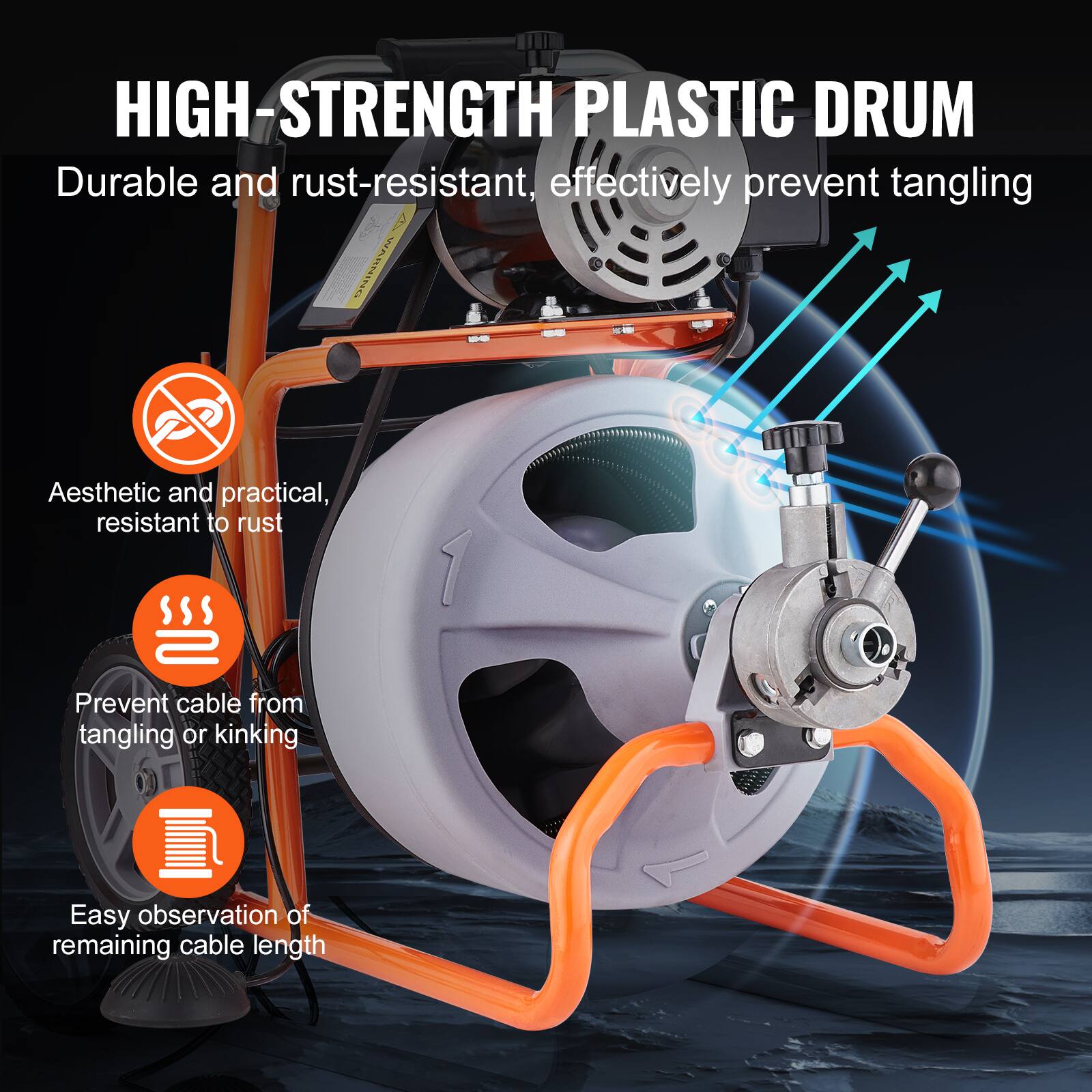 HIGH-STRENGTH PLASTIC DRUM

Durable and rust-resistant, effectively prevent tangling

Aesthetic and practical, resistant to rust

Prevent cable from tangling or kinking

Easy observation of remaining cable length