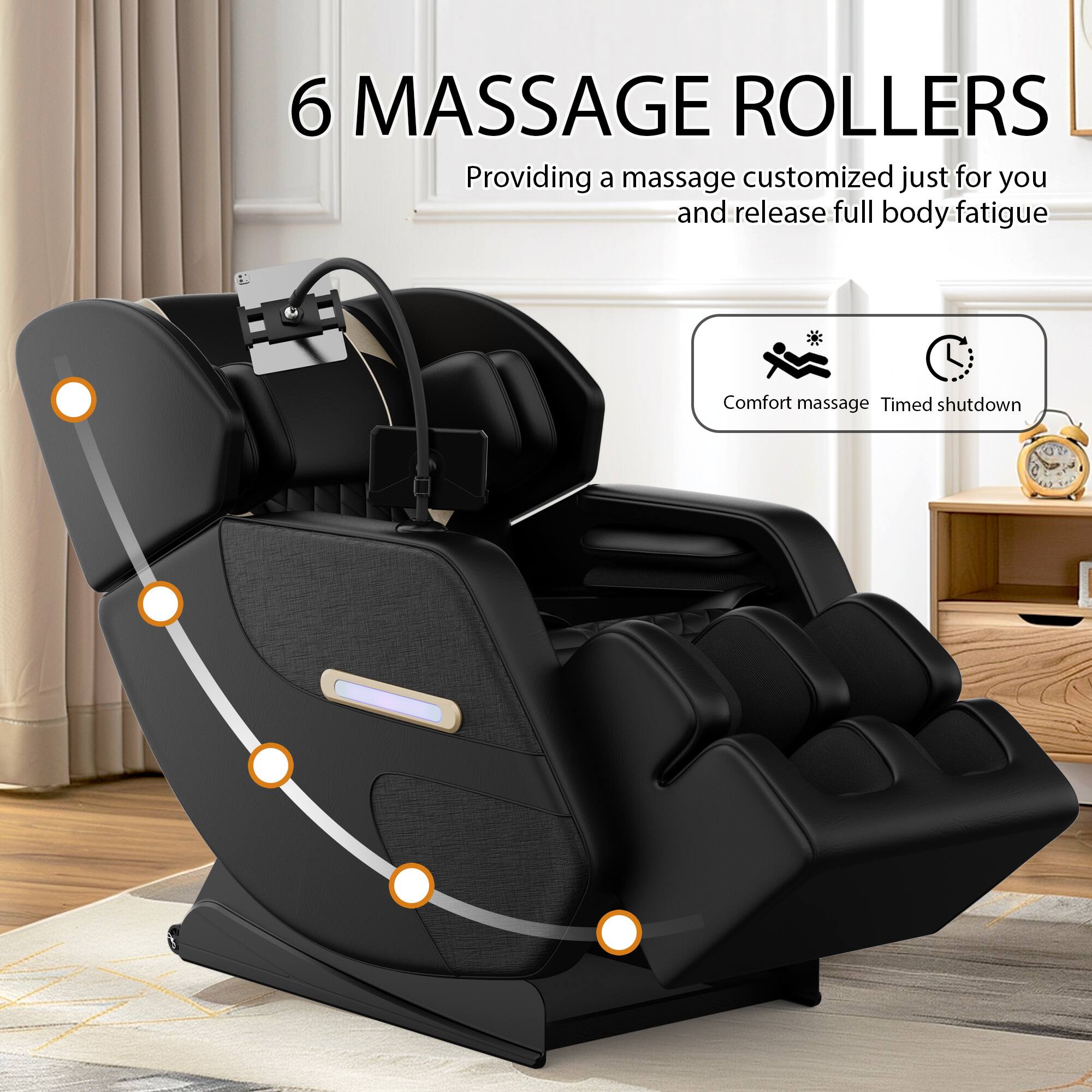 6 MASSAGE ROLLERS  
Providing a massage customized just for you and release full body fatigue  

Comfort massage  
Timed shutdown