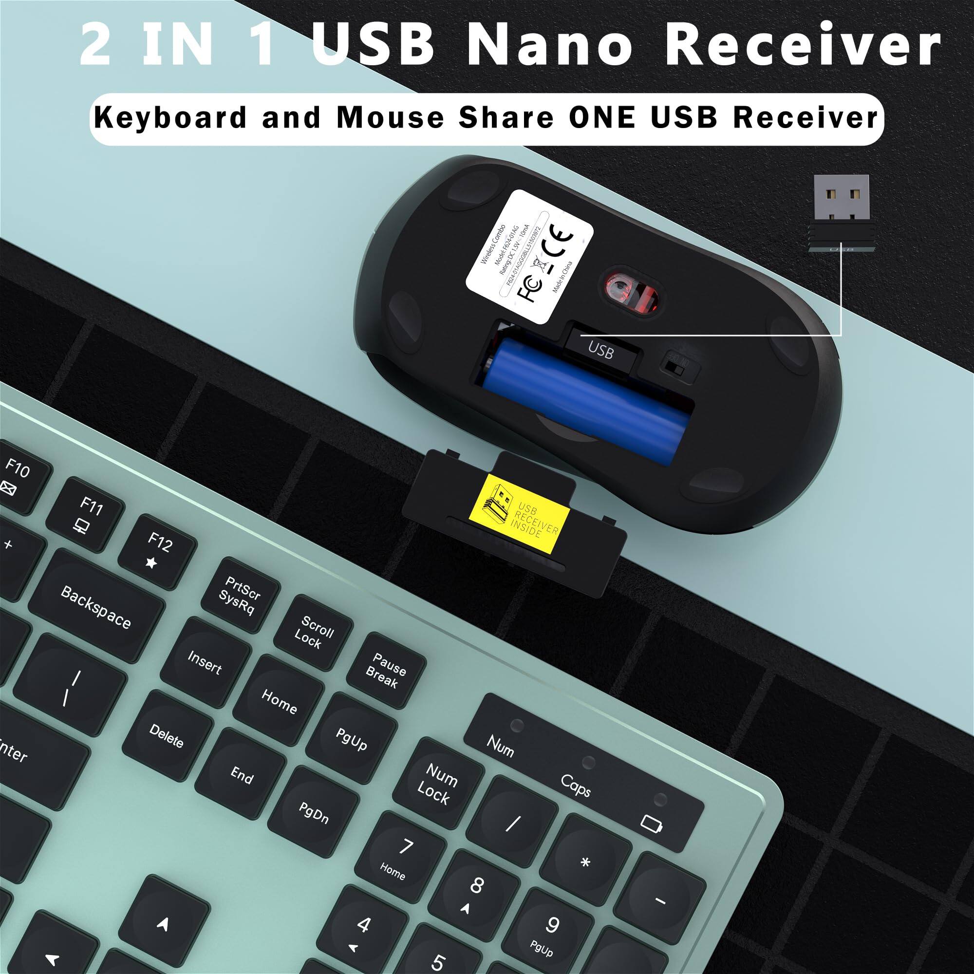 2 IN 1 USB Nano Receiver  
Keyboard and Mouse Share ONE USB Receiver  

F10 F11 F12  
PrtSc SysRq Backspace Insert Home Delete PgUp End Num Lock PgDn  
Scroll Lock Pause Break  
Num 7 8 9 / * -  
Home 4 5 6 +