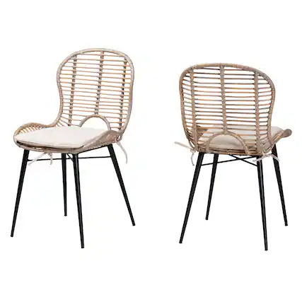 Front. bali & pari - Brenna Modern Bohemian Rattan and Metal 2-Piece Dining Chair Set - Greywash/Natural Brown/White.