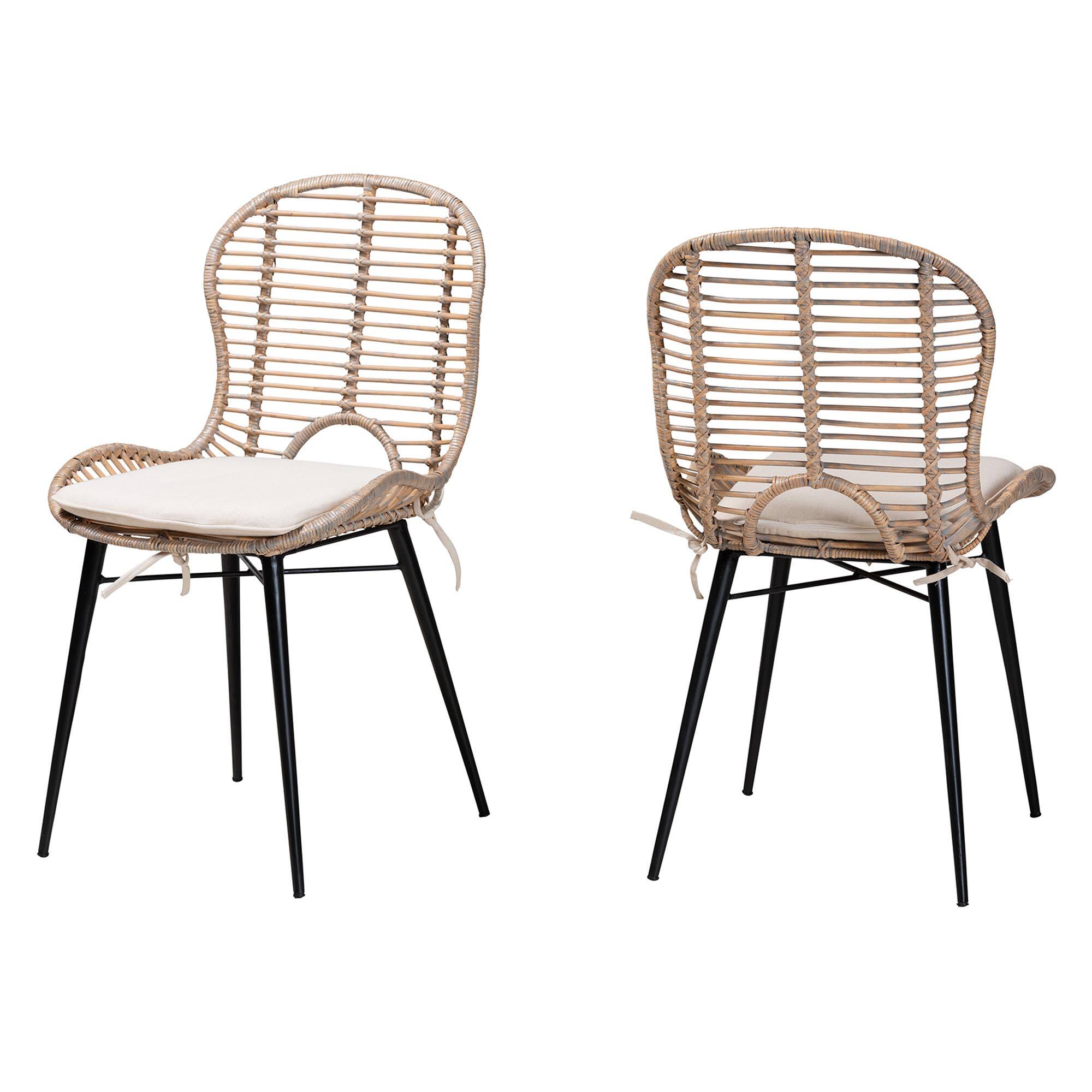 Front. bali & pari - Brenna Modern Bohemian Rattan and Metal 2-Piece Dining Chair Set - Greywash/Natural Brown/White.