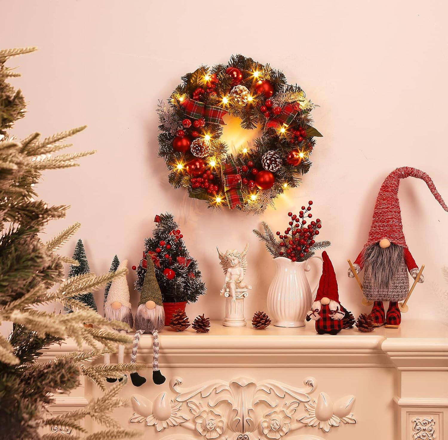 Alt View 1. Acekool - 18" Pre-Lit Christmas Wreath for Front Door, Artificial Pine with Red Berries, Pinecones, Ornaments & Festive Ribbon - Green.